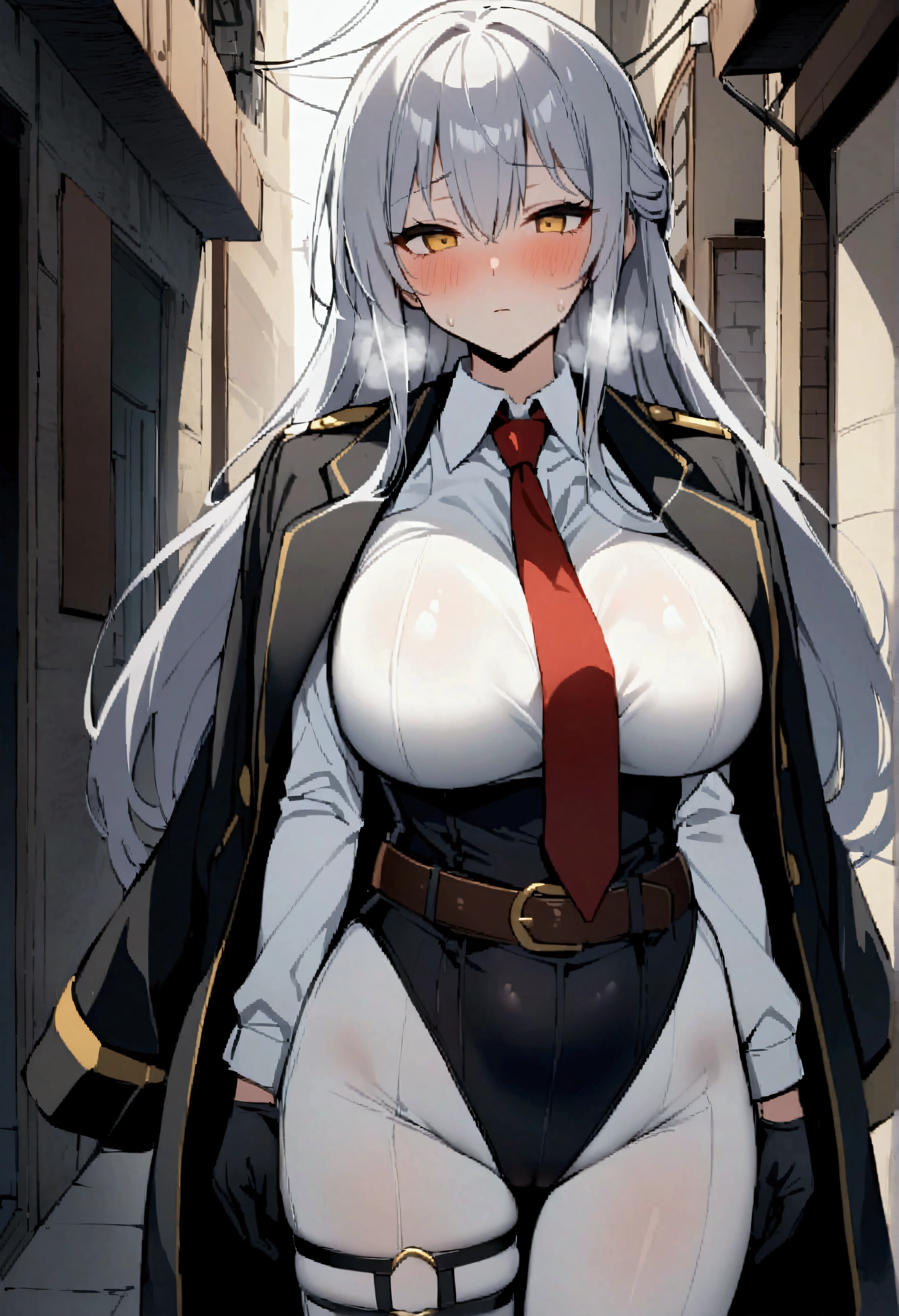 score_9、score_8_up、score_7_up、score_6_up、source_アニメ、rating_explicit、One girl、(独奏:1.1)、Big Breasts、Long Hair、Yellow Eyes、Grey Hair、White Hair、bangs、Red tie、Collared shirt、White shirt、Black vest、Black jacket、Thigh straps、White pants、Leotard under clothes、Black leotard、belt、Jacket on shoulders、Black gloves、Expressionless、Narrow shoulders、Sweat、Heavy breathing、Steaming body、alley、Outdoor、Staring at the audience