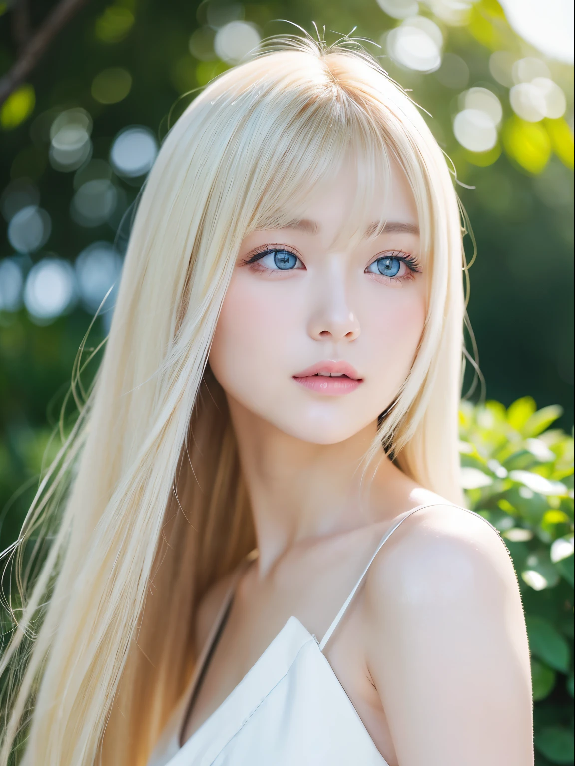 Transparent white glossy skin、Face gloss、Blonde with strong wind in front of pretty face、20 years old ridiculously cute sexy beautiful norwegian girl、Small Face Beauty、Shiny pale light blue eyes and details (Looking into the camera), SLR lighting, Single-lens reflex camera, super high quality, Sharpness, Depth of written boundary, Film Grain (center), Fujifilm XT3, Crystal Clear, Frame center, 完璧にBeautiful Face、Beautiful Face、Beautiful hair with sparkling bright straight blonde hair、Silk bangs between the eyes、Bangs hide the eyes, Sparkling pale blue eyes, Sexy super long blonde cute young woman with super long blonde shiny light hair