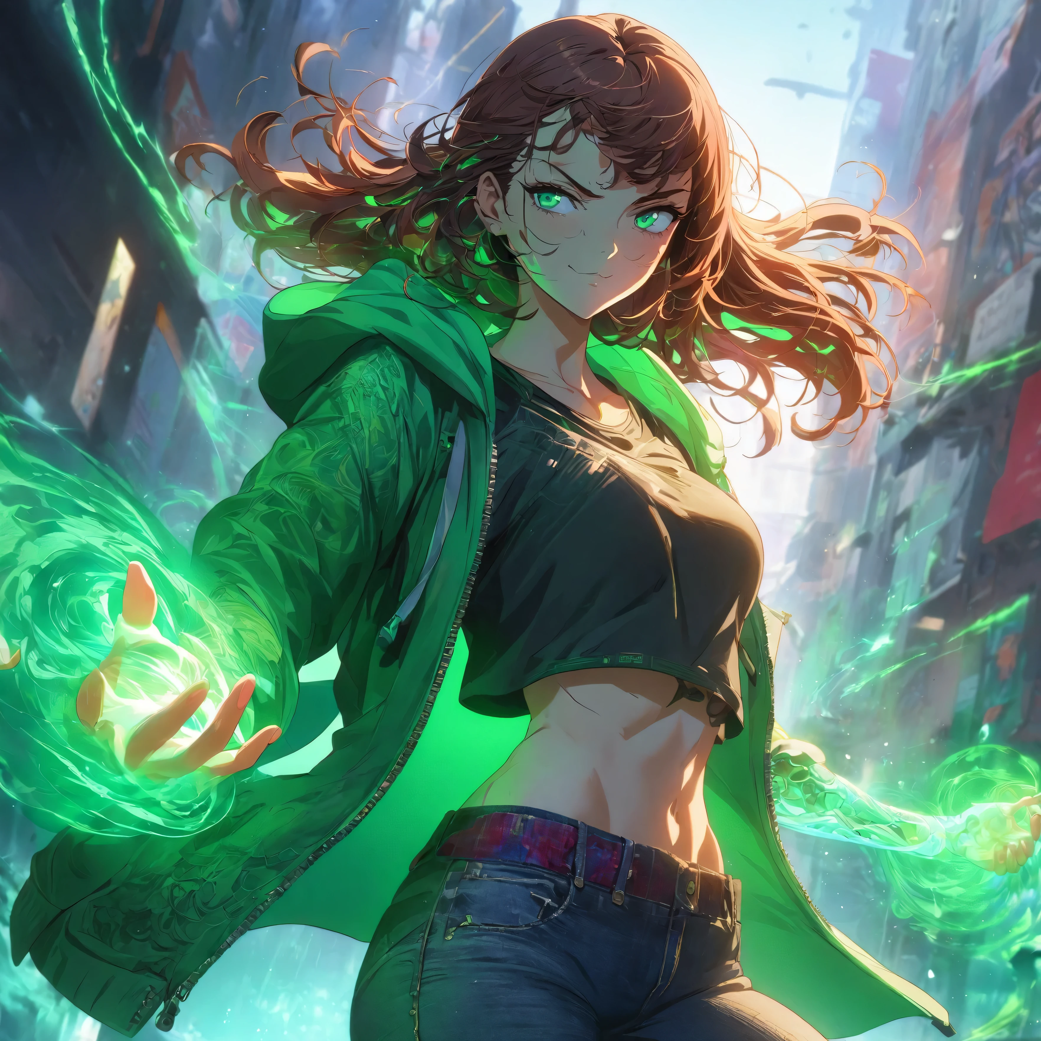 A girl that has a lean, athletic build, vibrant green eyes, and shoulder-length auburn hair, she wears a casual outfit consisting of a fitted green hoodie with subtle energy patterns, serious expression, smirking, mechanical parts integrated into her outfit, (nude:0.8) dark jeans, and sneakers, her skin has a slight luminescent quality when using her powers, her hands are often surrounded by a visible, swirling green energy, and she carries a small, tech-enhanced wristband that amplifies her abilities, detailed gorgeous face| anime style| key visual| intricate detail| highly detailed| breathtaking| vibrant| panoramic| cinematic| Carne Griffiths| Conrad Roset| gibbli 8k.