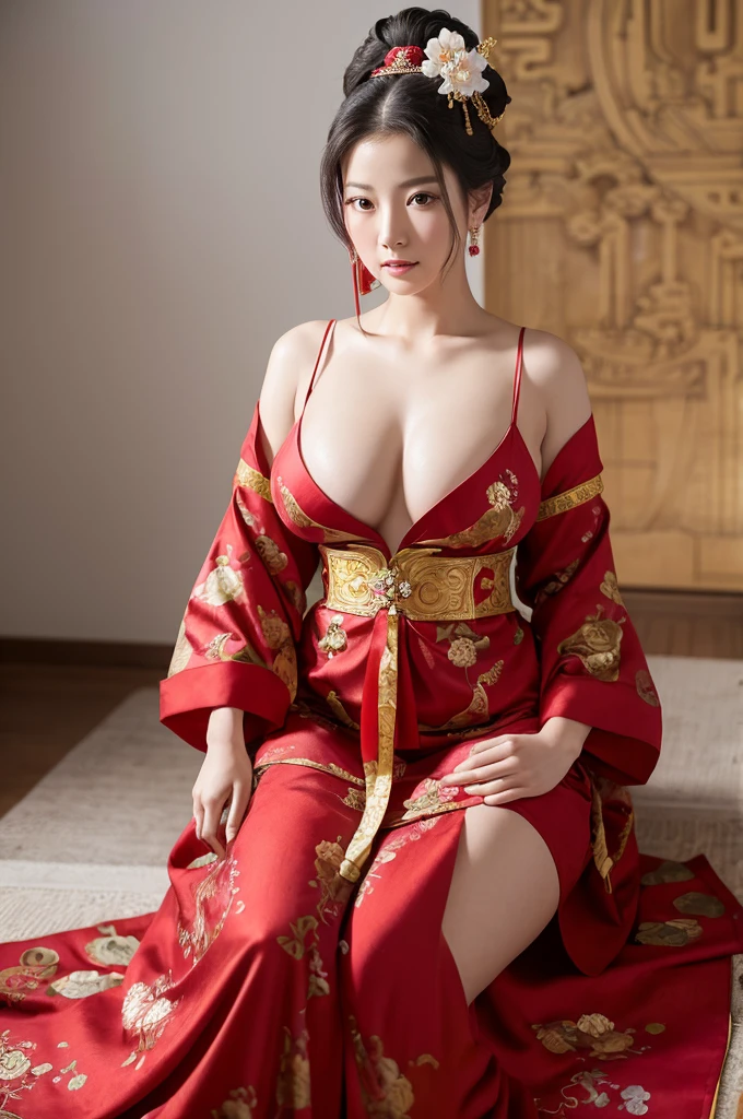 A woman seen from the front, standing, facing forward, in the Chinese imperial court of the Qing dynasty, a 40-year-old woman, wearing a flashy red Manchu dress with a floral pattern that only reaches down to her waist, nothing underneath, the Manchu dress is open at the front, exposing her  and , and she is completely , with her abdomen and lower legs split, showing her entire thighs and toes. Her  is not visible, and she is adorned with a flashy Chinese Qing dynasty style, a large flower and a hairpin, her hair is tied and pulled up, and the background is outside the Chinese imperial court of the Qing dynasty