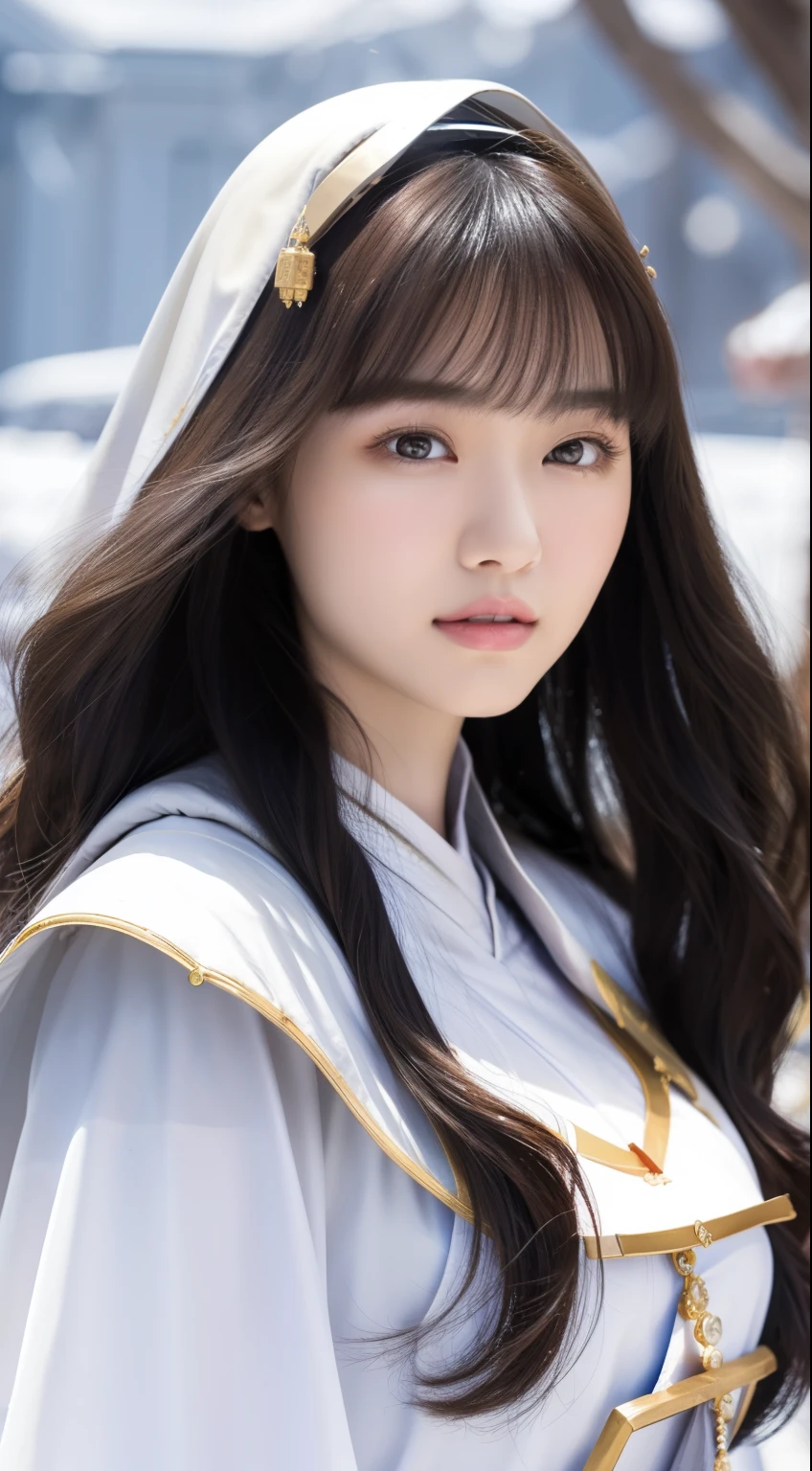 perfect figure beautiful girl:1.4, 17years old, cleavage, huge breast Layered Hair Style, (Cleric:1.5), Jewelry Decoration, Highly Detailed Face and Skin Textur, double-edged eyelid, Whiten the skin, long hair, (background snow plains), diamond dust,