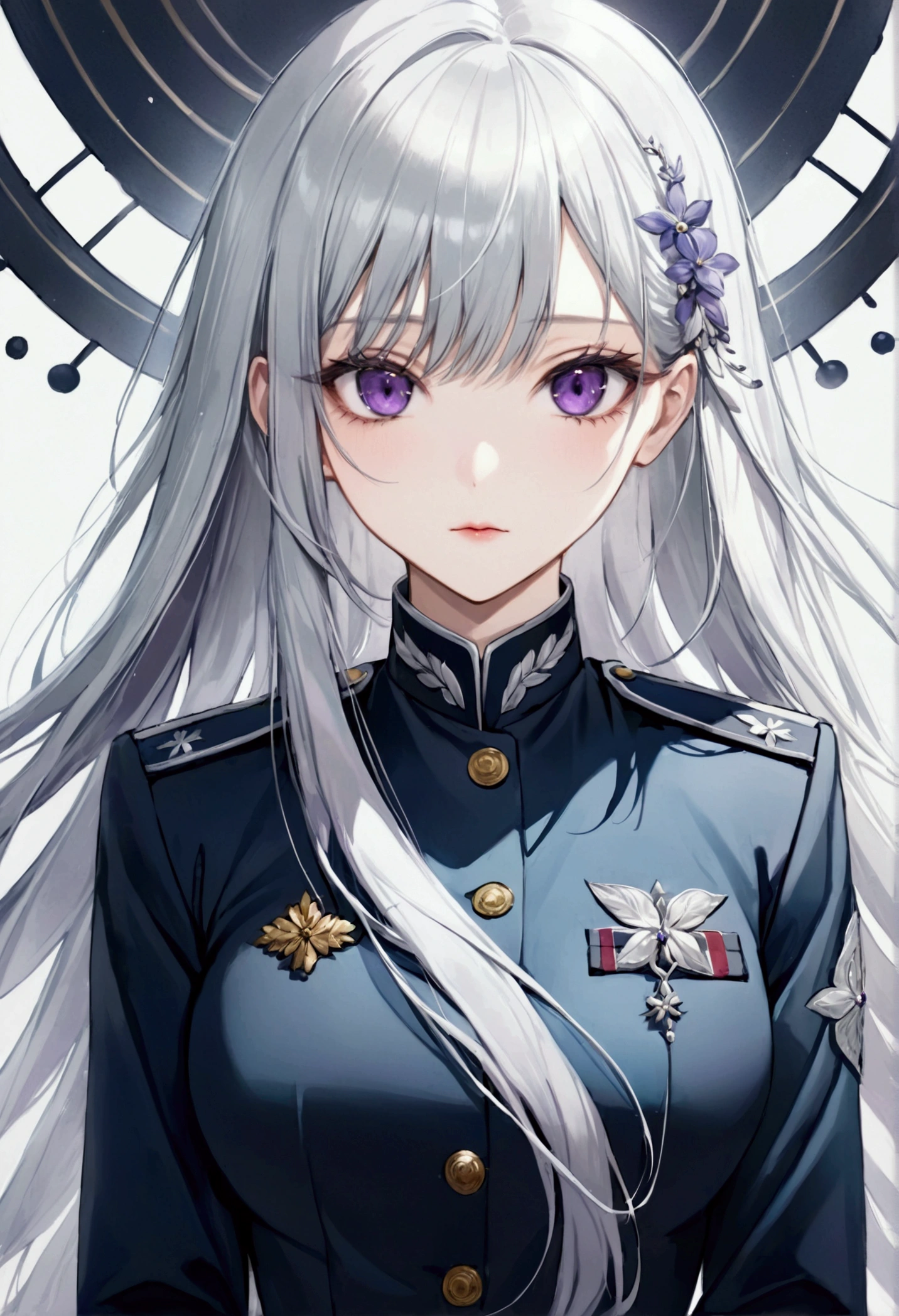 Highest quality、Delicate depiction、Beautiful woman、Silver Hair、Long Hair、Amethyst Eyes、Blue-gray military uniform、