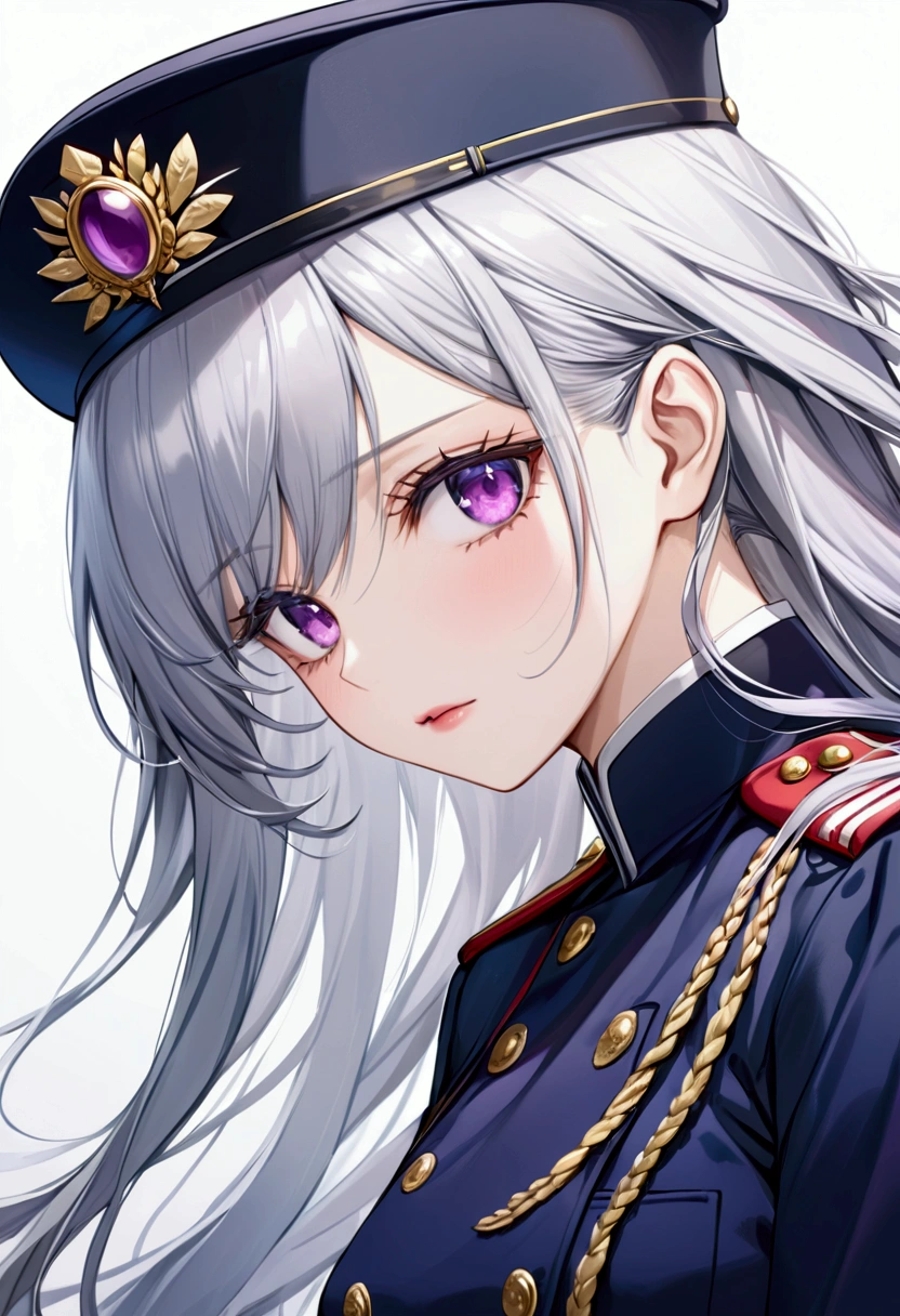 Highest quality、Delicate depiction、Beautiful woman、Silver Hair、Long Hair、Amethyst Eyes、Blue-gray military uniform、