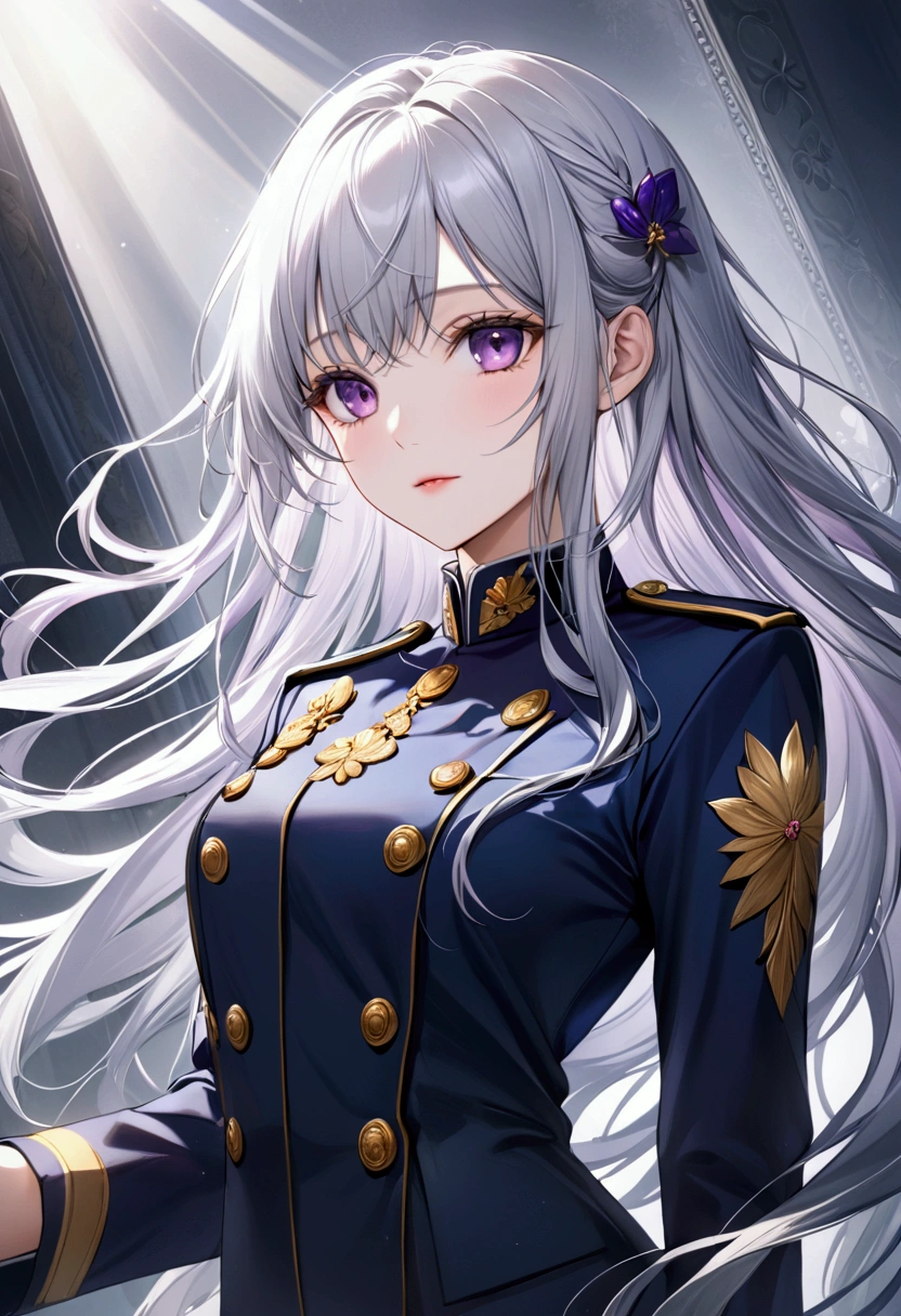 Highest quality、Delicate depiction、Beautiful woman、Silver Hair、Long Hair、Amethyst Eyes、Blue-gray military uniform、