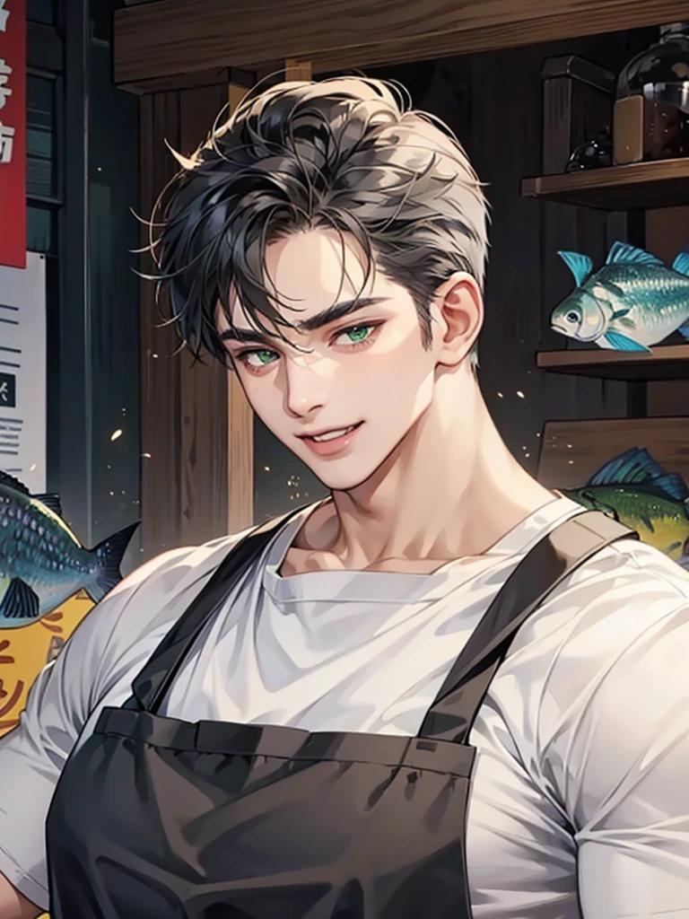 men wear dark gray shining apron over white T-shirt, muscular and handsome,fang,green eyes,facial hair,fish market,Smile, Open Mouth, Closed Eyes, 