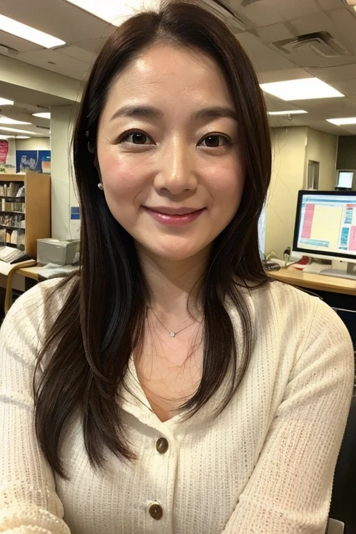 Highest quality、Masterpiece、Real Photo、Realistic、A 45-year-old Japanese woman、Business woman using a computer、smile、Sweat、Very detailed、Natural light、long hair、Detailed face and skin、Realistic eyes