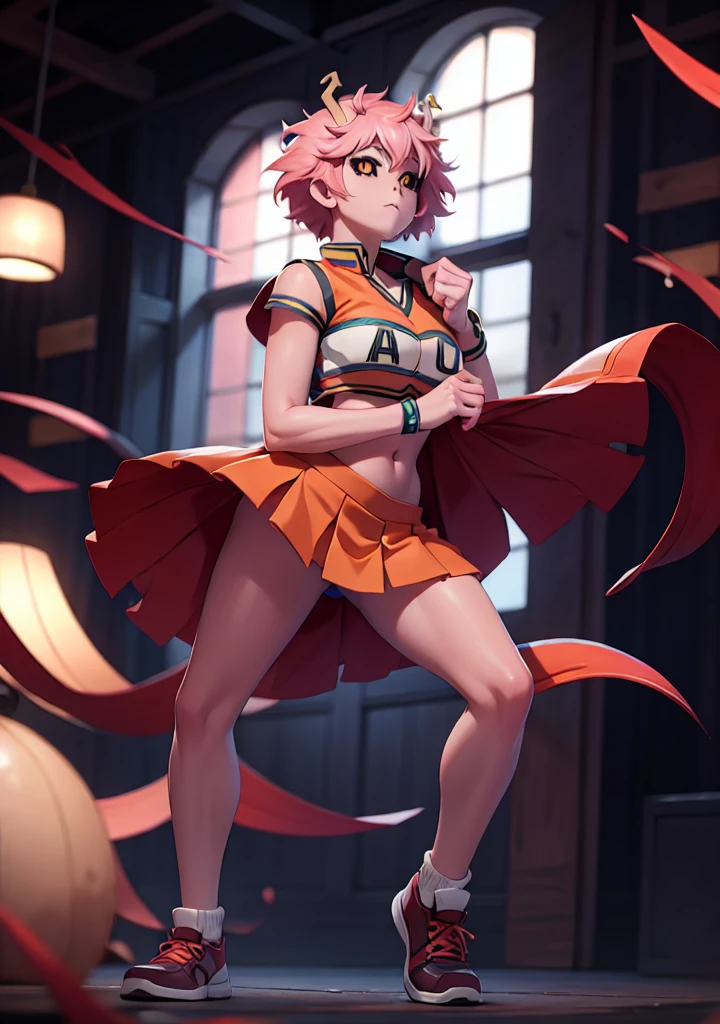 mina ashido, 1girl, solo, looking at viewer, short hair, simple background, yellow eyes, pink hair, horns, colored skin, colored sclera, black sclera, pink skin, U.A. CheerUniform, orange skirt, (bare belly), perfect shading, bare shoulders, big breasts