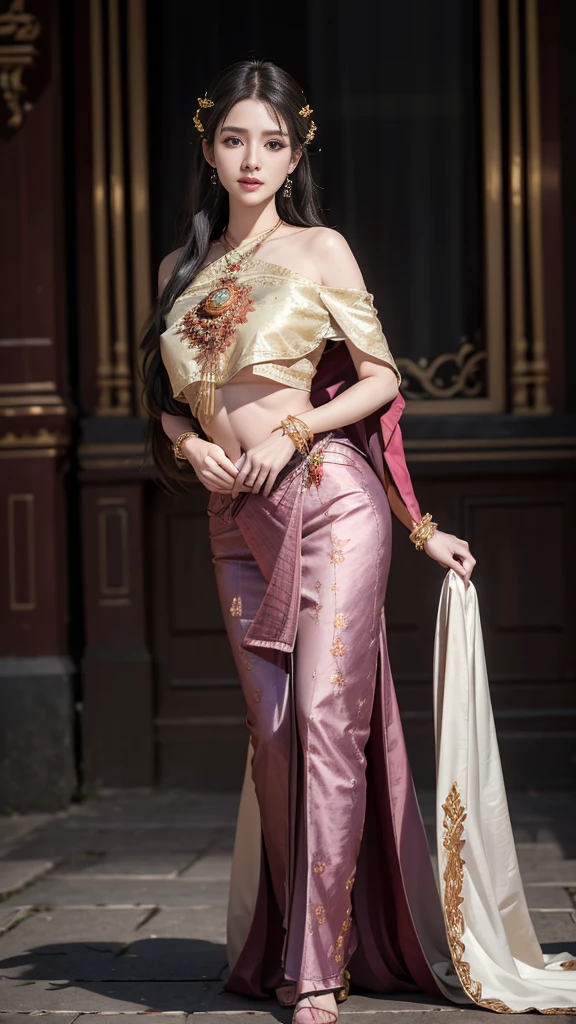 (raw photos:1.2), (realistic:1.4), (Masterpiece:1.3), (best quality:1.4), Ultra high resolution, (Detailed eyes), (Detailed facial features), (Detailed clothing features), HDR, 8K resolution, Focus only, Dressing according to Thai tradition, Traditional shawl , 1 woman , big breasts, A gigantic rift, big breasts push up clothes, big breast, Breasts are fully grown., Make your breasts bigger.., small waist, Long legs, Facing the audience, Full body, depth of field, Cinema-grade lighting system, big breasts, too big for your body,