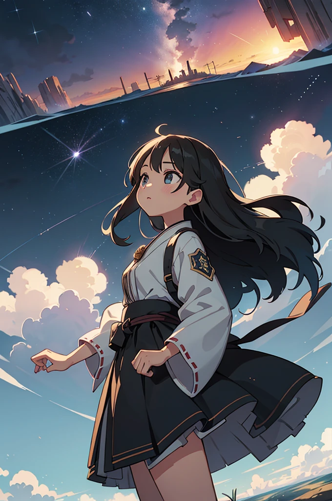 (Concept Art、Ultra HD、super high quality、masterpiece、Intricate details、Anime Style、Ultra Wide Angle、Decadentな世界の情景が遠くに見える、A desolate world seen in the distance、unmanned、vision):1.5、Fantasy、Decadent、sunset、cloud、horizon、遠くに見えるDecadent文明、Several large planets are visible in the sky、Twinkling Star々、Twinkling Star空、meteor、Angle from below