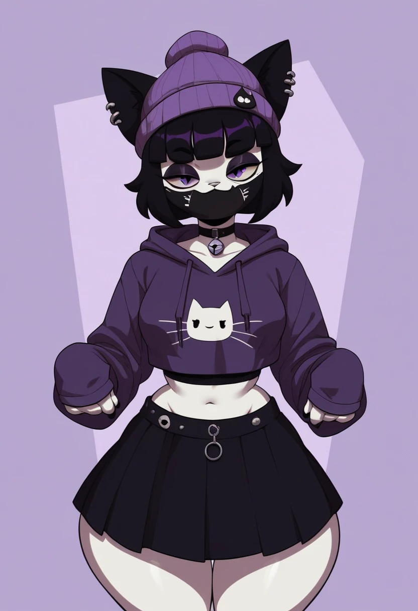 ((Better quality ,Work of art)) , anthro cat boykisser ,beanie , wearing goth Clothing ,((wearing Purple hoodie))  , white body ,((cat Black ears)) , wearing face mask , wearing skirt, wide hips,