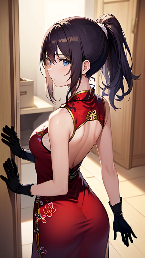 (((Masterpiece))),(((Best quality))),((Super detailed)),(illustration),Mature age girl,Black hair and blue eyes girl,A calm expression,Eyes looking elsewhere,(With your back to the audience),Wearing red cheongsam,Wearing gloves,A long ponytail,((The girl is tying her ponytail with both hands raised)),((Wearing red cheongsam)),Stand in front of the wardrobe