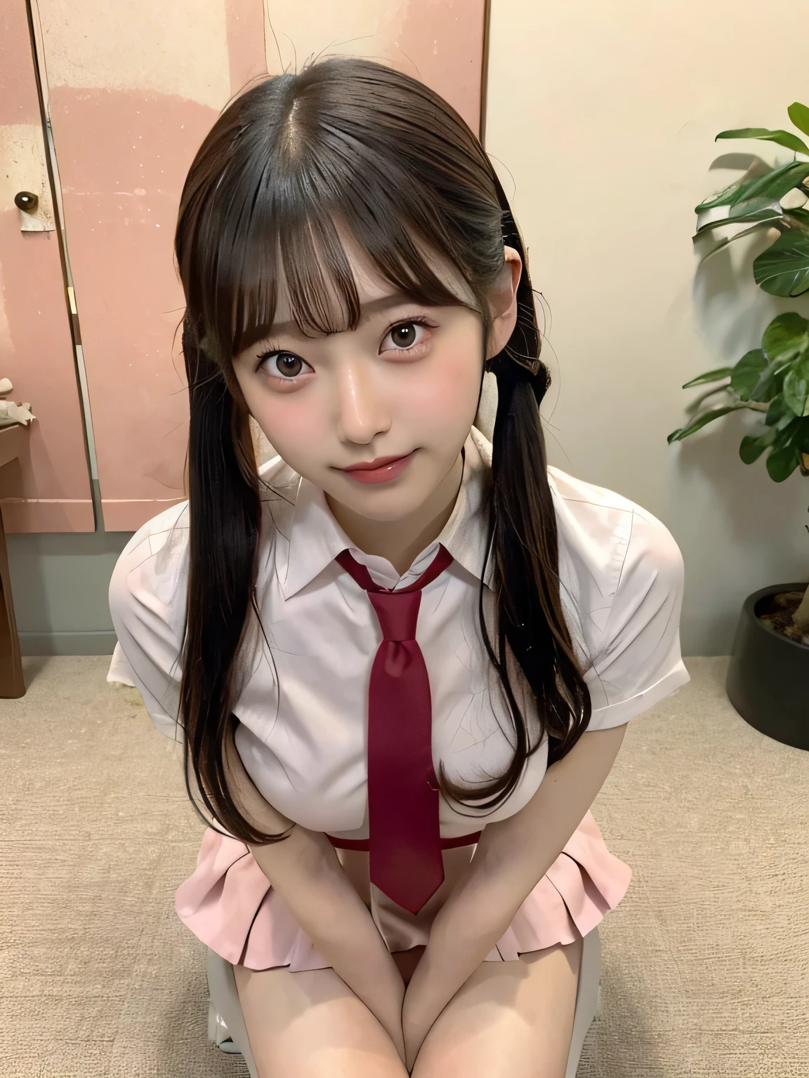 Japanese Girls、-yeld giShort Twin Tails、bangs、Brown eyes、Perfect figure、Transparency、Gloss、Glamorous breasts、、Pink tie、White shirt、Red Skirt、Hirotake、Burning body、Gravure idol pose、Light blue wall、Beautiful feet、Strong sunlight、dirty、雨にWet体、Wet,Sitting in a chair、I can see your thighs、smile