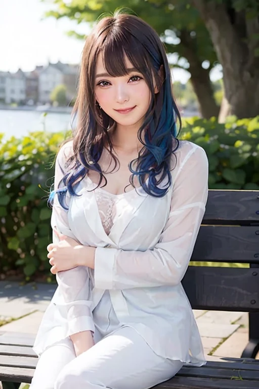 photograph, photographの品質, Realistic, European girl portrait, high quality, masterpiece:1.5, alone, smile, Sit on a bench, 20-year-old,Beautiful Face,Upper Body,Hair on one eye, Super Short Hair, Light blue hair, Sharp focus, A see-through shirt, soft smile, blush