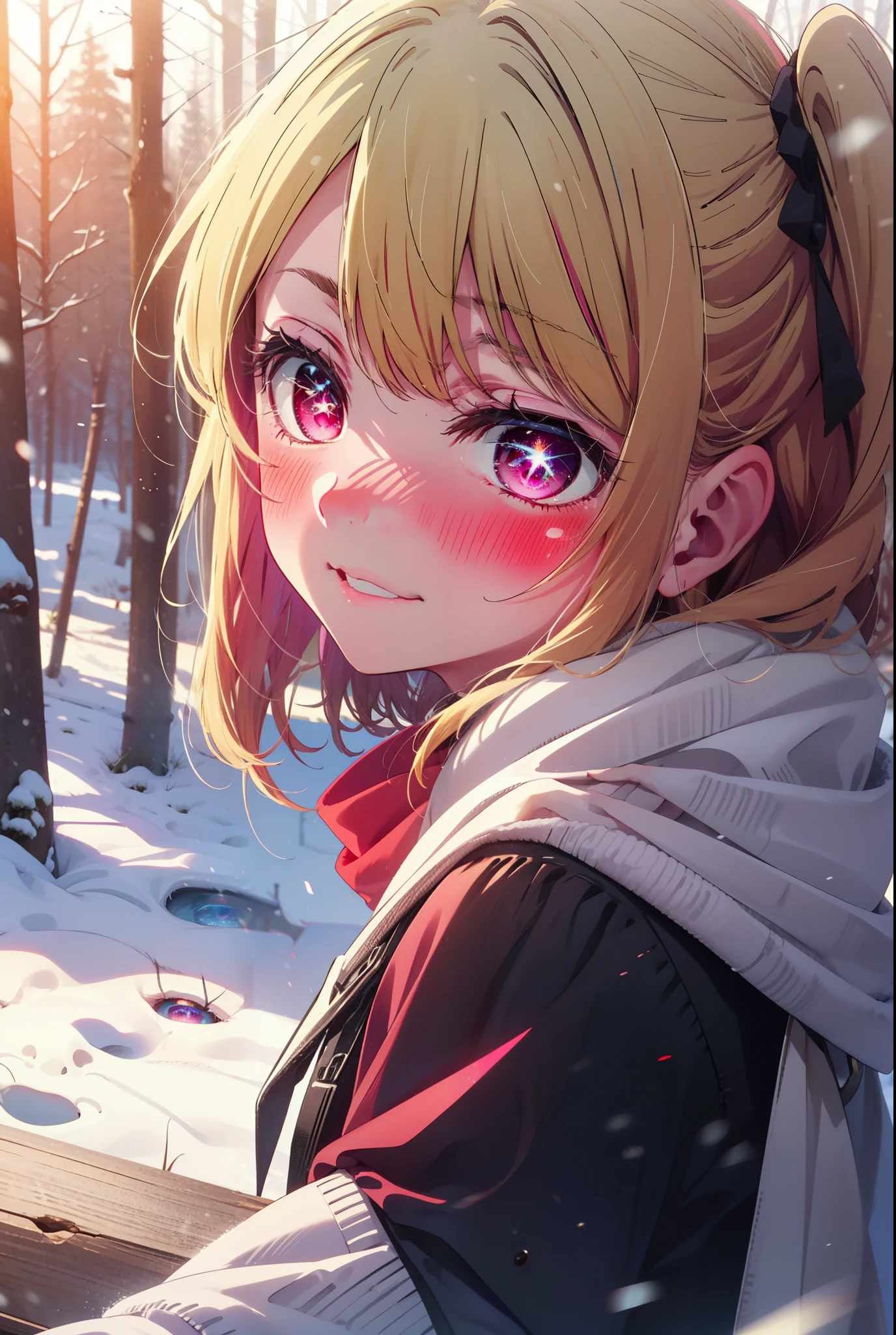 rubyhoshino, Hoshino Ruby, Long Hair, bangs, blonde, (Pink Eyes:1.3), Side Lock, (Symbol-shaped pupil:1.5), Multicolored Hair, Two-tone hair, smile,,smile,blush,white breath,
Open your mouth,snow,Ground bonfire, Outdoor, boots, snowing, From the side, wood, suitcase, Cape, Blurred, , forest, White handbag, nature,  Squat, Mouth closed, Cape, winter, Written boundary depth, Black shoes, red Cape break looking at viewer, Upper Body, whole body, break Outdoor, forest, nature, break (masterpiece:1.2), Highest quality, High resolution, unity 8k wallpaper, (shape:0.8), (Beautiful and beautiful eyes:1.6), Highly detailed face, Perfect lighting, Highly detailed CG, (Perfect hands, Perfect Anatomy),