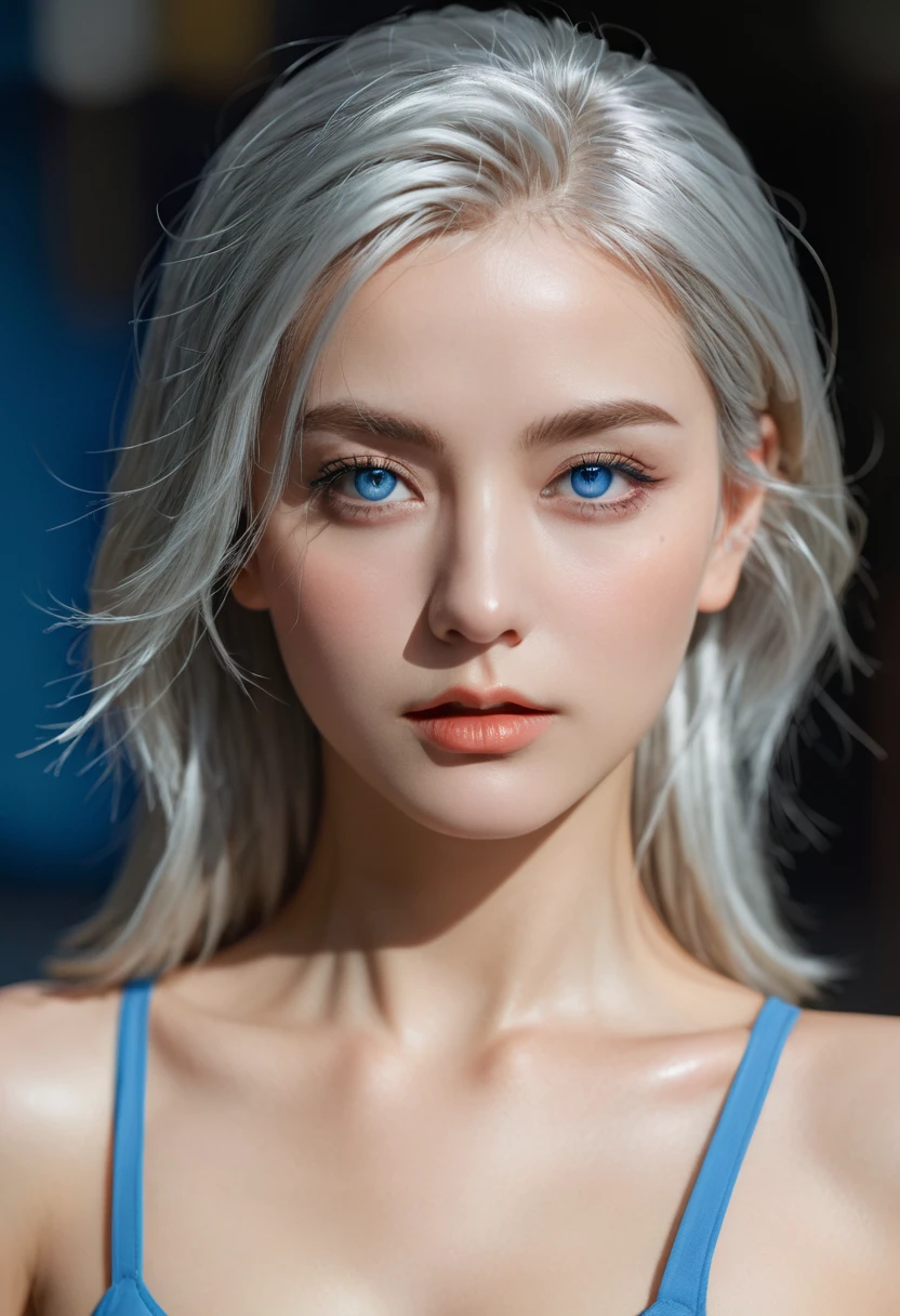 The dynamic series shows a silver-haired and blue-eyed female warrior., 8K, Ultra-high resolution, Extremely detailed, HD,(Well-designed face), Amazing face, (Very detailed), beautiful eyes, Soft lighting,, outdoor, street,, Lacquer,1980s,, Beautiful and delicate eyes,Mechanical Parts, Asymmetrical hair,High Leg Raise, Latex suit,cleveage,