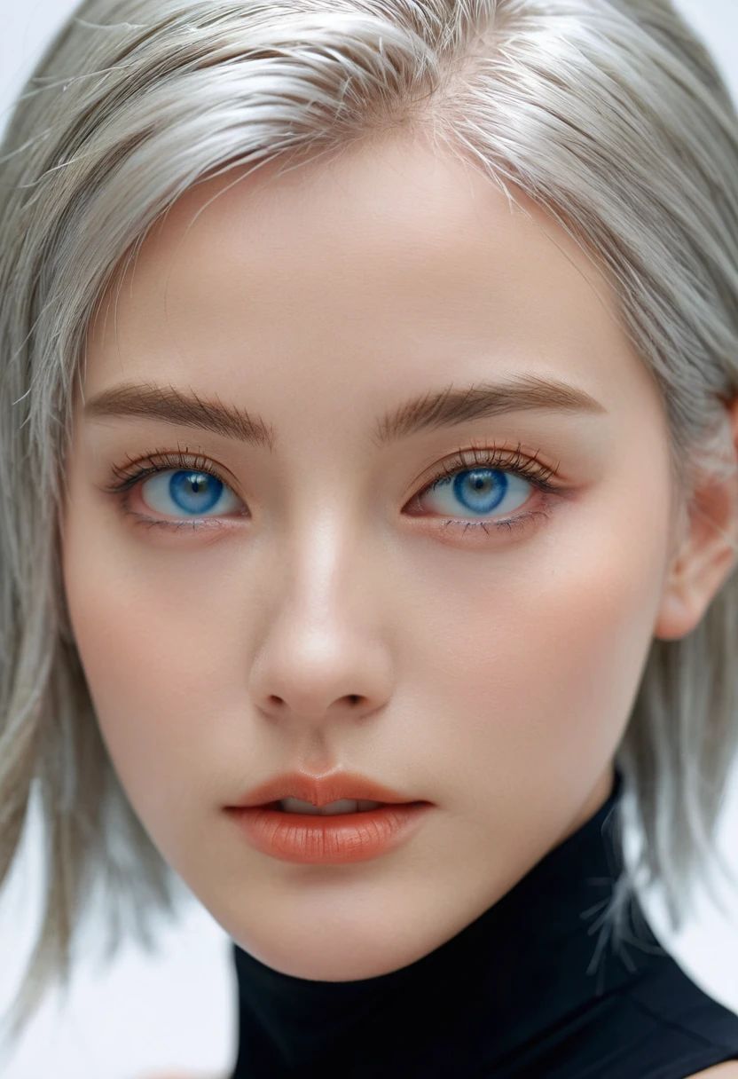 The dynamic series shows a silver-haired and blue-eyed female warrior., 8K, Ultra-high resolution, Extremely detailed, HD,(Well-designed face), Amazing face, (Very detailed), beautiful eyes, Soft lighting,, outdoor, street,, Lacquer,1980s,, Beautiful and delicate eyes,Mechanical Parts, Asymmetrical hair,High Leg Raise, Latex suit,cleveage,
