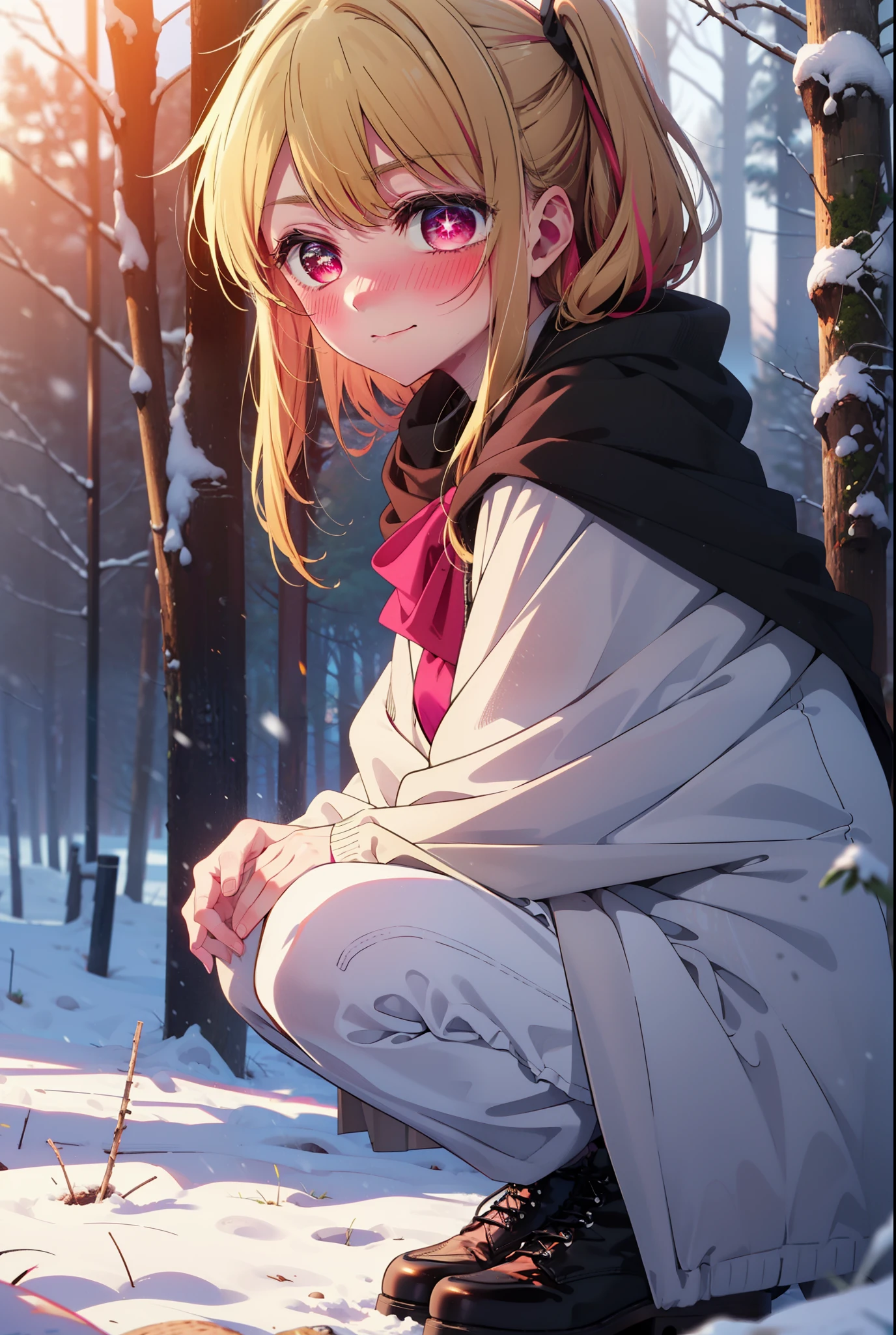 rubyhoshino, Hoshino Ruby, Long Hair, bangs, blonde, (Pink Eyes:1.3), Side Lock, (Symbol-shaped pupil:1.5), Multicolored Hair, Two-tone hair, smile,,smile,blush,white breath,
Open your mouth,snow,Ground bonfire, Outdoor, boots, snowing, From the side, wood, suitcase, Cape, Blurred, , forest, White handbag, nature, Squat, Mouth closed, Cape, winter, Written boundary depth, Black shoes, red Cape break looking at viewer, Upper Body, whole body, break Outdoor, forest, nature, break (masterpiece:1.2), Highest quality, High resolution, unity 8k wallpaper, (shape:0.8), (Beautiful and beautiful eyes:1.6), Highly detailed face, Perfect lighting, Highly detailed CG, (Perfect hands, Perfect Anatomy),