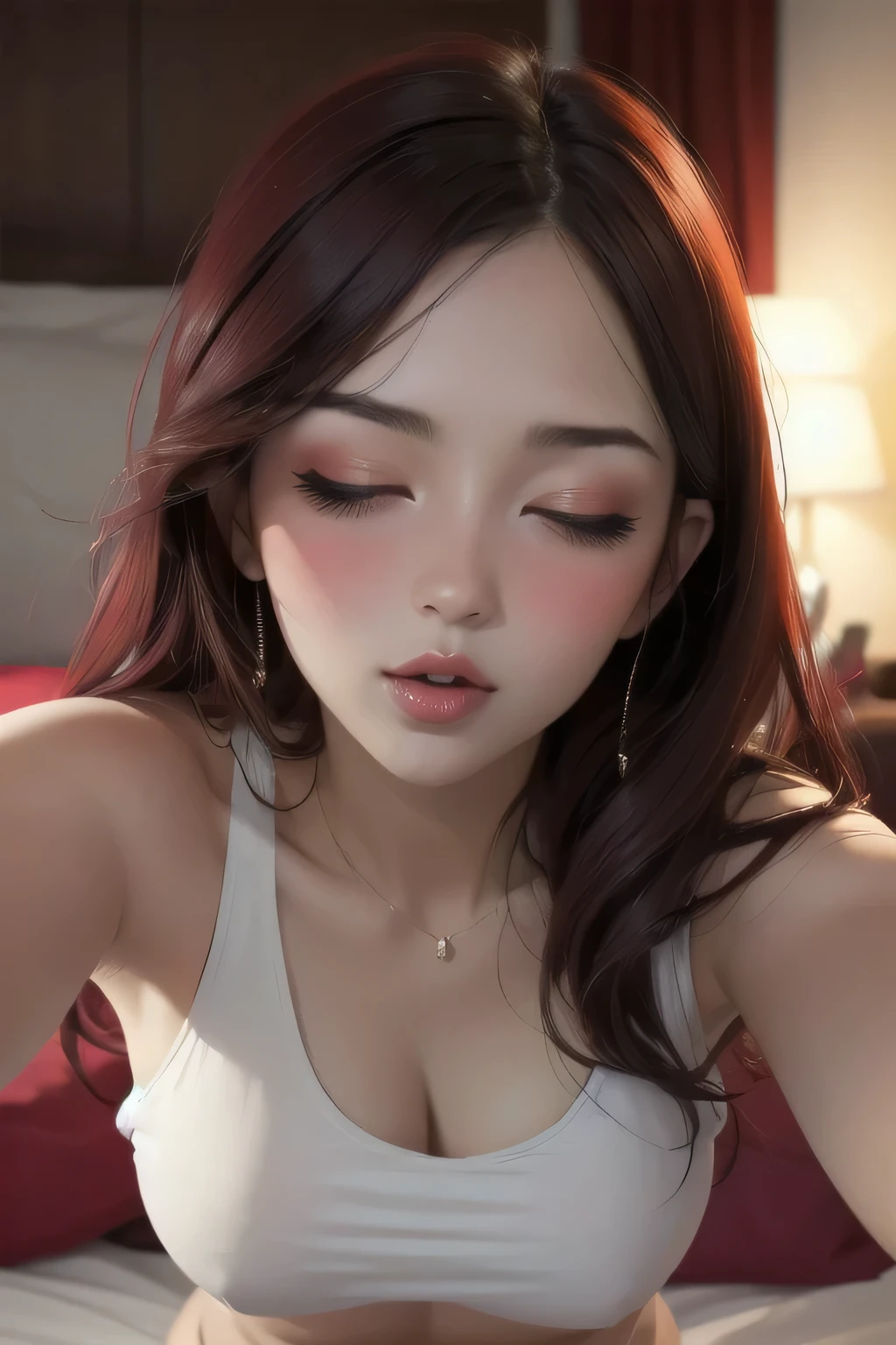 Sexy woman, blushing hard, red makeup, hands pinned to the side, lying on bed, head on pillow, facing up, pinned, playful turned sexy, mouth parted, eyes looking at lips, very sexy and hot,  figure, loose t shirt, midriff, abs 