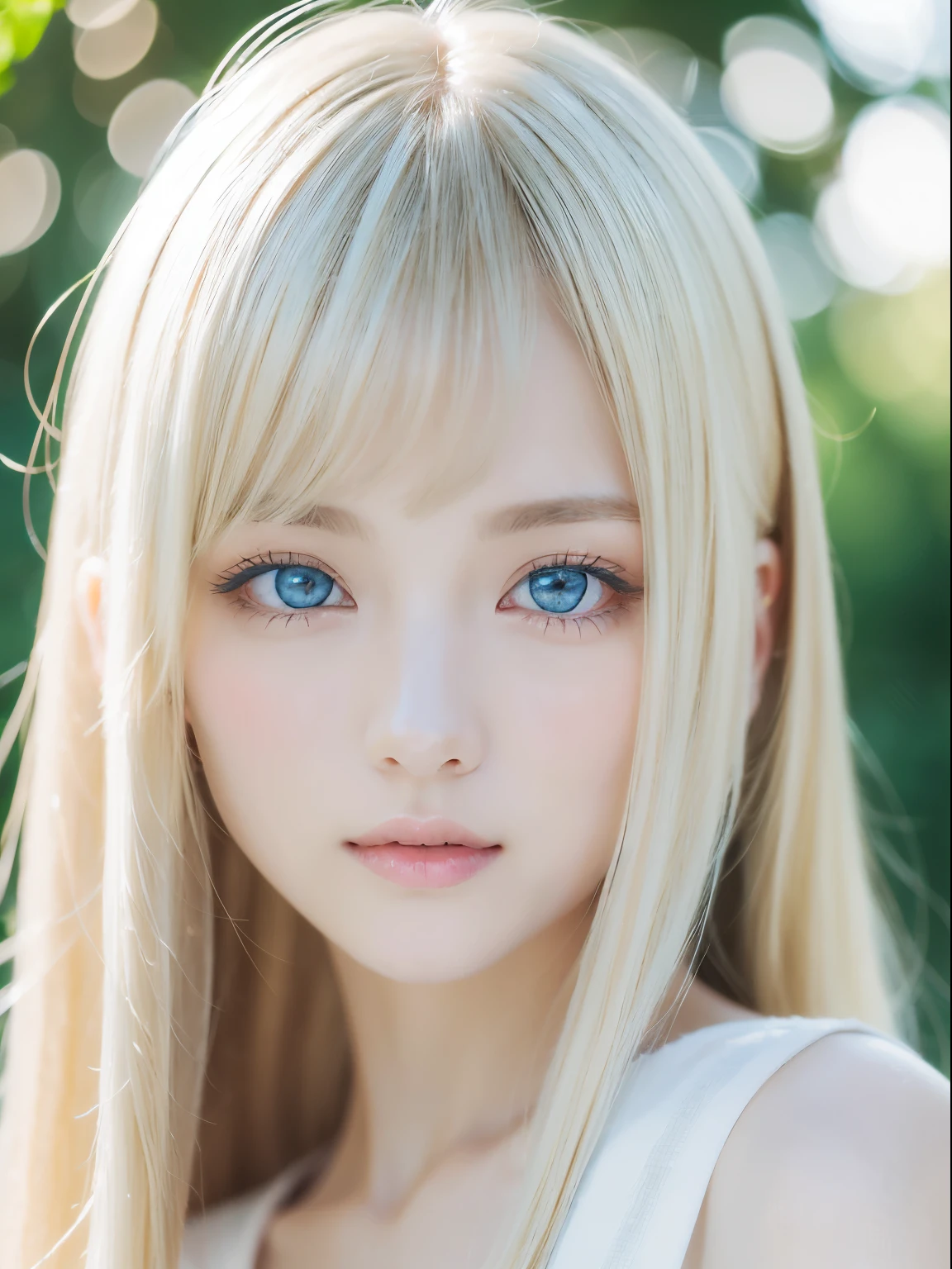 Transparent white glossy skin、Face gloss、Blonde with strong wind in front of pretty face、20 years old ridiculously cute sexy beautiful norwegian girl、Small Face Beauty、Shiny pale light blue eyes and details (Looking into the camera), SLR lighting, Single-lens reflex camera, super high quality, Sharpness, Depth of written boundary, Film Grain (center), Fujifilm XT3, Crystal Clear, Frame center, 完璧にBeautiful Face、Beautiful Face、Beautiful hair with sparkling bright straight blonde hair、Silk bangs between the eyes、Bangs hide the eyes, Sparkling pale blue eyes, Sexy super long blonde cute young woman with super long blonde shiny light hair