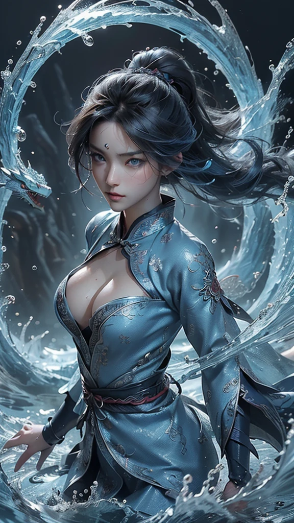 (Ultra detailed:1.2, best quality:1.2 ,absolutely resolution:1.5), a woman, 32years old, attractive beautiful magician, (loose beautiful blue dress,blue silk dress), (dynamic water flows, surrounded water, beautiful flow ), (Highly detailed skin and facial textures:1.2), (ultra detailed face, cool beauty face, sexy, attractive face,high resolution), (mysterious magic,Chinese dragons), beautiful and aesthetic, (cute, sexy beauty, perfect style:1.2),Fair skin, very beautiful face, (Medium chest, cleavage), (Wearing a sexy Sengoku uni), (detailed eyes, detailed face, beautiful blue eyes, sexy eyes),perfect anatomy