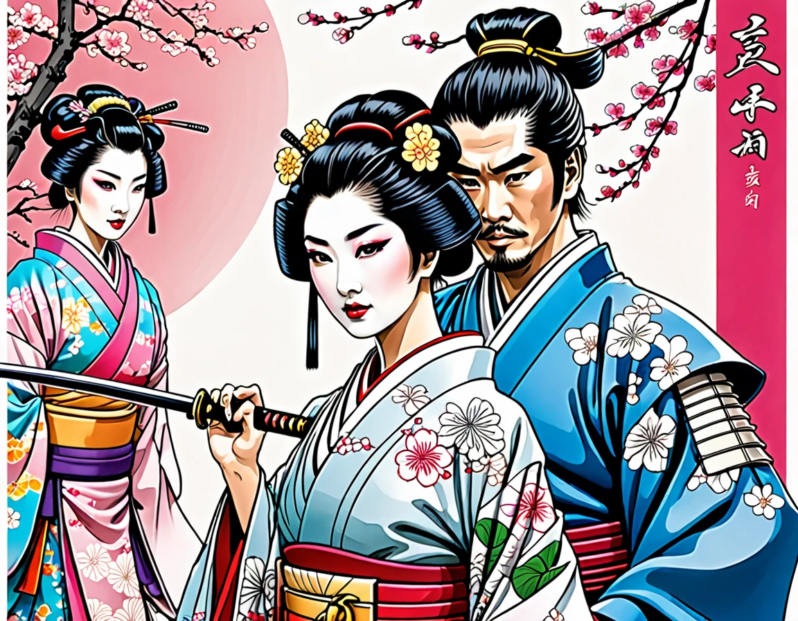 fine ink art, comic style, portrait of japan, Samurai and geisha, Japanese couple, Glamor of Osaka, beautiful line art, comic style, manga style, manga art style, pencil and ink caricature drawing, Coloring, , Other positions, fully body. Japan Fund, Samurai and geisha, couple, colourful drawing