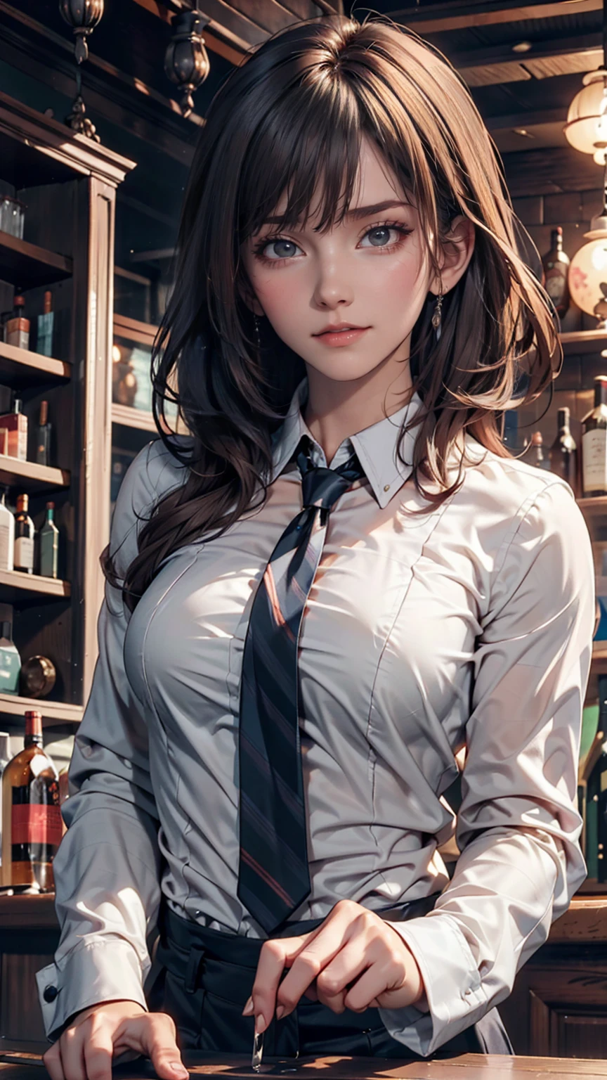One girl, alone, bangs, blush, Place your hand on your chest, Jill Stingray, Long sleeve, View your viewers, Purple Hair, Medium chest, tie, shirt, alone, Upper Body, Best,  bartender, Best, white shirt,