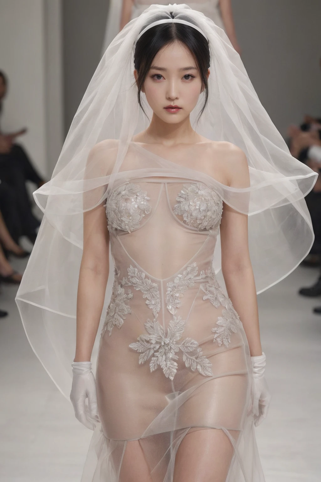 Woman in dress with veil and gloves, Translucent dress, Vera Wang Couture, ハイfashion! fashion!, ハイfashion fashion, !!! ハイfashion!!!, high fashion ハイfashion, !! ハイfashion!!, ハイfashion, See-through dress, ! ハイfashion!, Futuristic and fantastical, Wearing an organza gown, Herpen Iris!!!, Inspired by Giorgio De Vincenzi