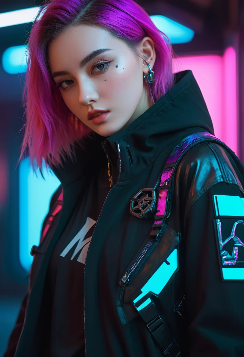 Wear sophisticated streetwear in a cyberpunk style, beautiful, girl, detailed portrait, 4K, Vibrant colors, Concept Art, cinematic dramatic atmosphere, Clear focus, Volumetric Lighting, light, Studio Quality