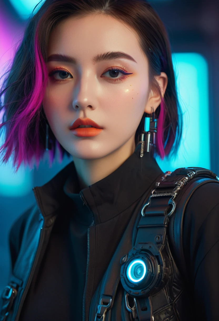 Wear sophisticated streetwear in a cyberpunk style, beautiful, girl, detailed portrait, 4K, Vibrant colors, Concept Art, cinematic dramatic atmosphere, Clear focus, Volumetric Lighting, light, Studio Quality