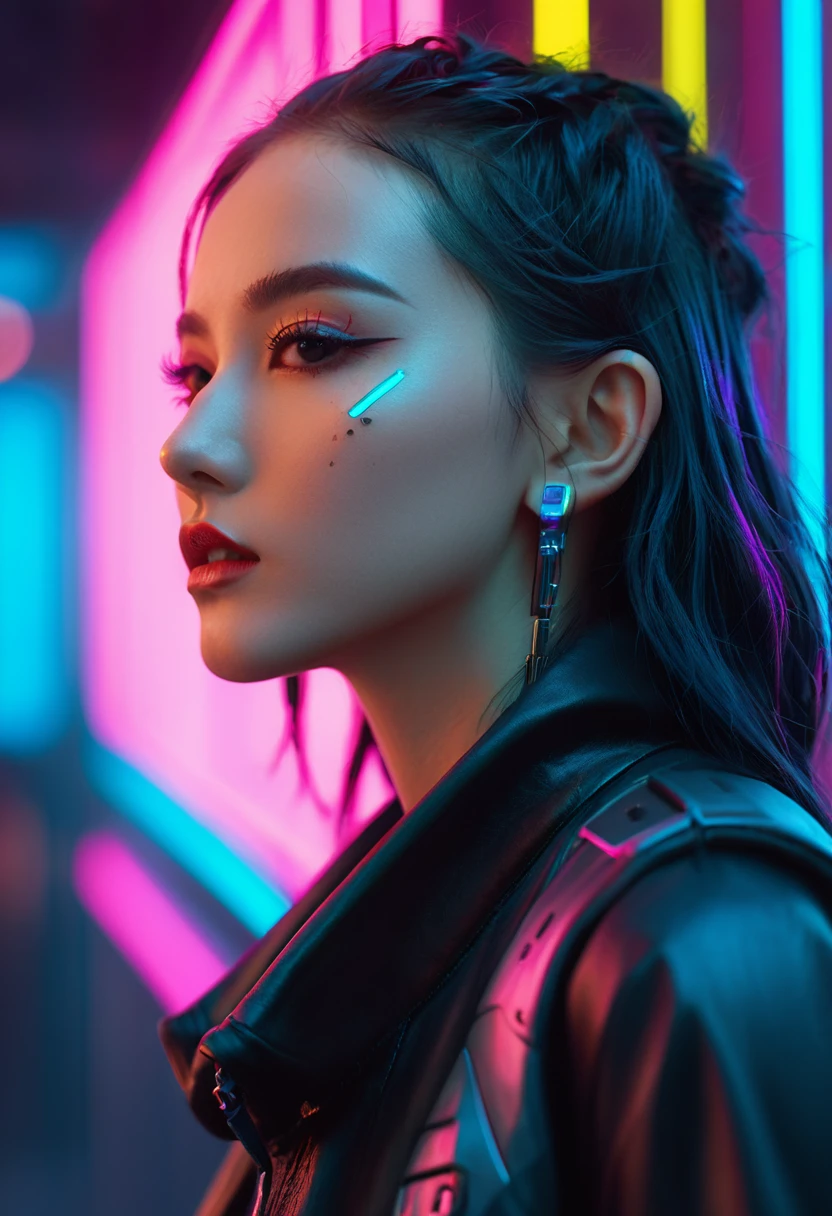 Wear sophisticated streetwear in a cyberpunk style, beautiful, girl, detailed portrait, 4K, Vibrant colors, Concept Art, cinematic dramatic atmosphere, Clear focus, Volumetric Lighting, light, Studio Quality