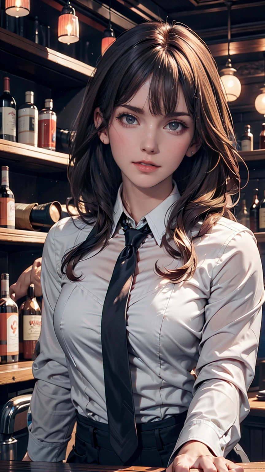 One girl, alone, bangs, blush, Place your hand on your chest, Jill Stingray, Long sleeve, View your viewers, Purple Hair, Medium chest, tie, shirt, alone, Upper Body, Best,  bartender, Best, white shirt,