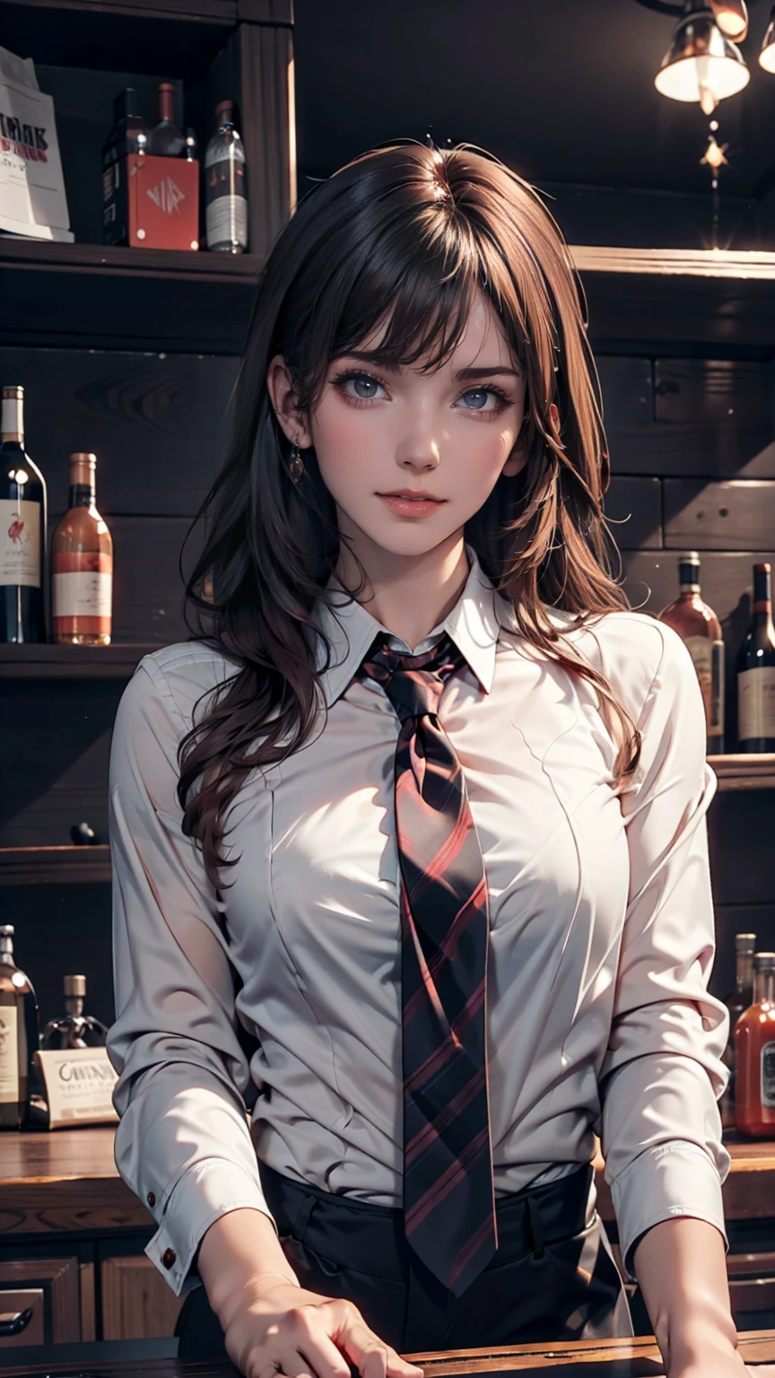 One girl, alone, bangs, blush, Place your hand on your chest, Jill Stingray, Long sleeve, View your viewers, Purple Hair, Medium chest, tie, shirt, alone, Upper Body, Best, bartender, Best, white shirt,