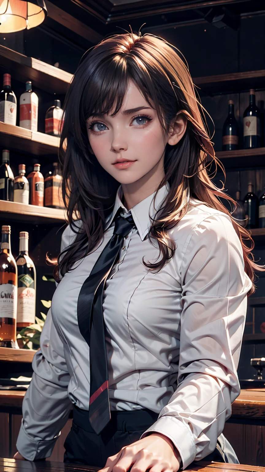 One girl, alone, bangs, blush, Place your hand on your chest, Jill Stingray, Long sleeve, View your viewers, Purple Hair, Medium chest, tie, shirt, alone, Upper Body, Best, bartender, Best, white shirt,