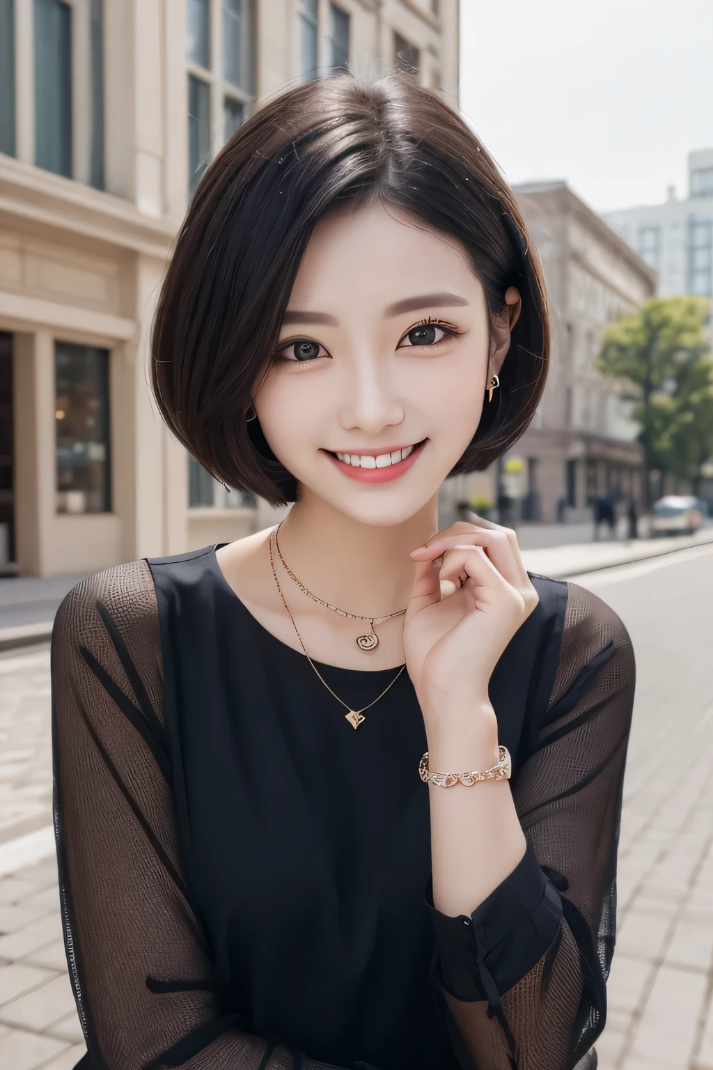 Highest quality, ,smile、Beautiful teeth alignment、Black Hair、Dark eyeliner、Short Haircut、、Long sleeve blouse、ear piercing、necklace, , Face Focus、The background is the building's corridor.
