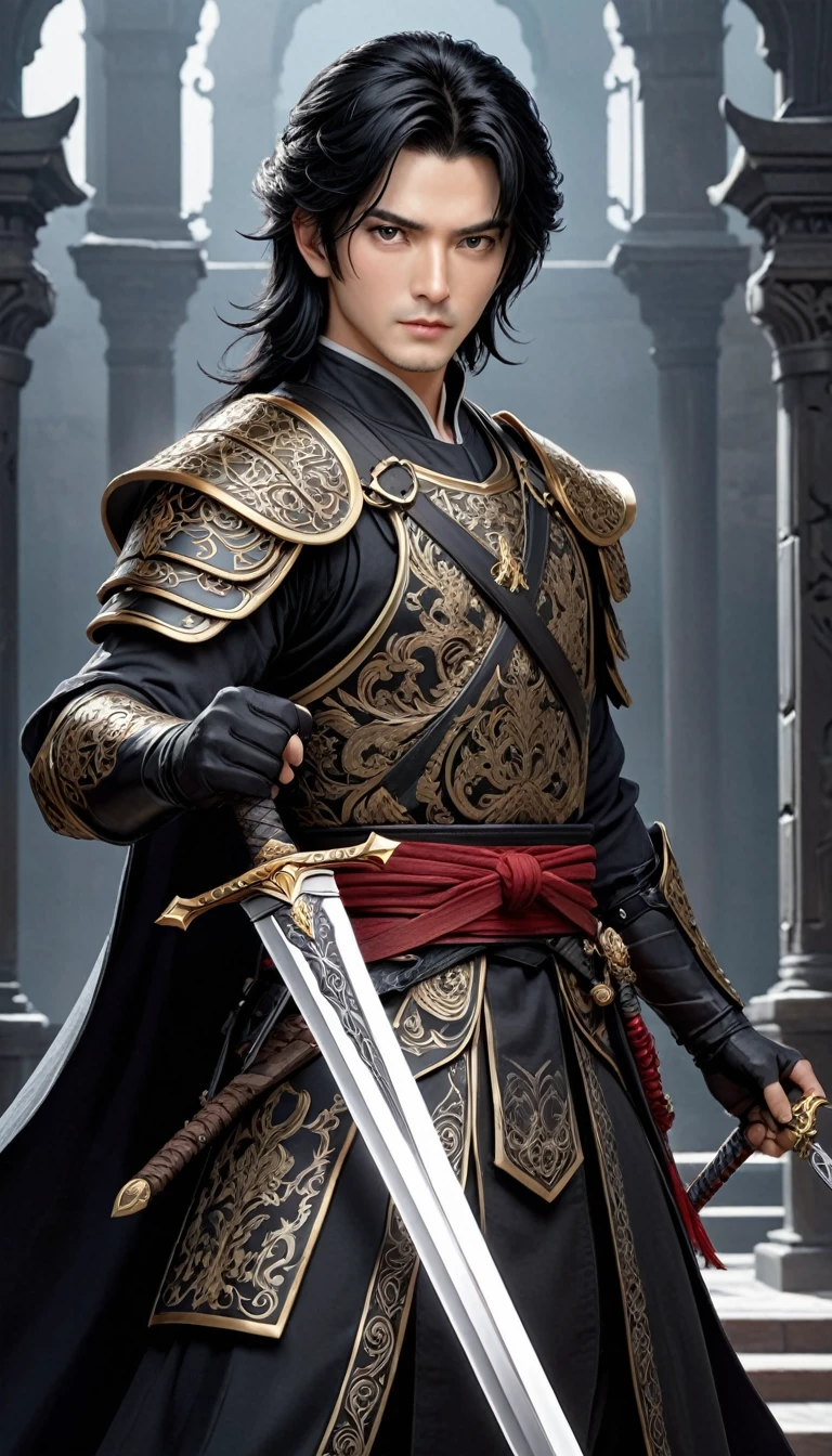 Sworasman black hair, with long sword, (masterpiece, best quality, Professional, perfect composition, very aesthetic, absurdres, ultra-detailed, intricate details:1.3)
