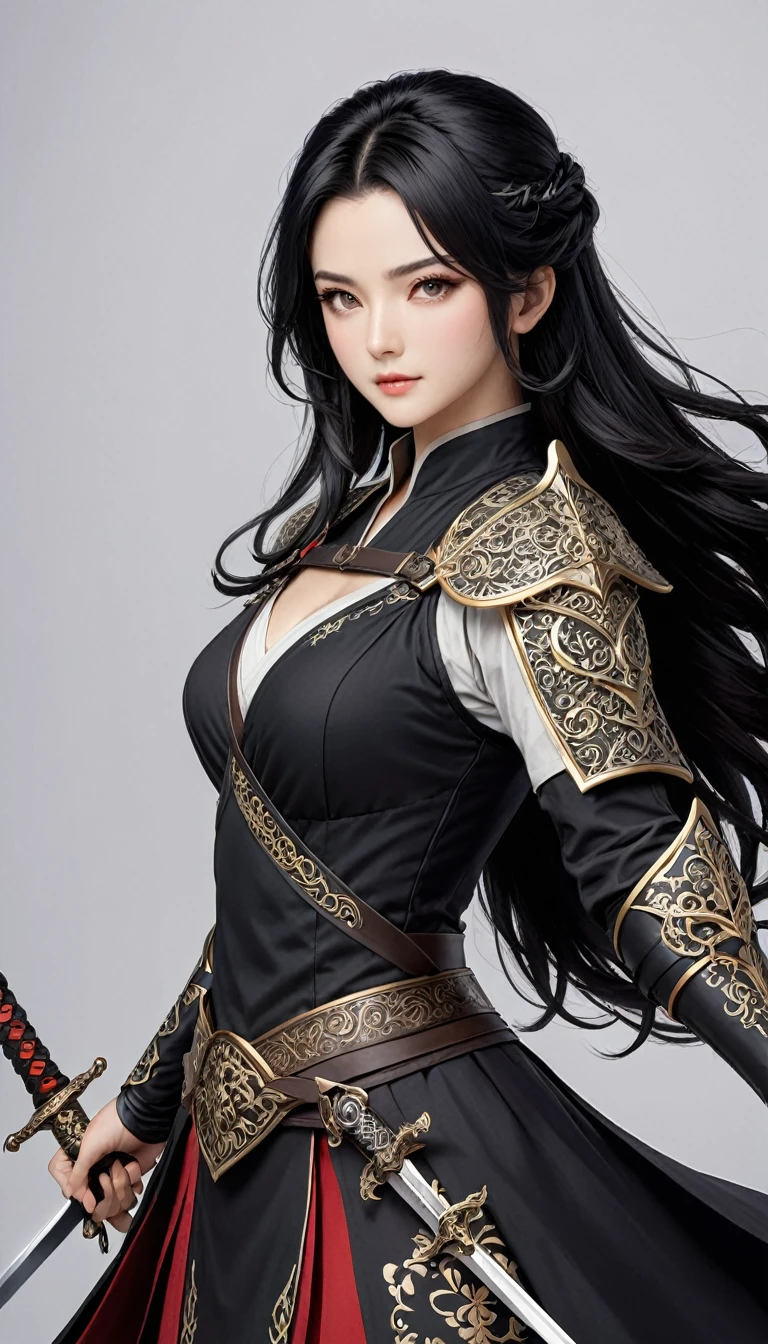 Uma linda mulher de cabelo cor de trigo,olhos vermelhos,manto preto e com duas espadas eletrica