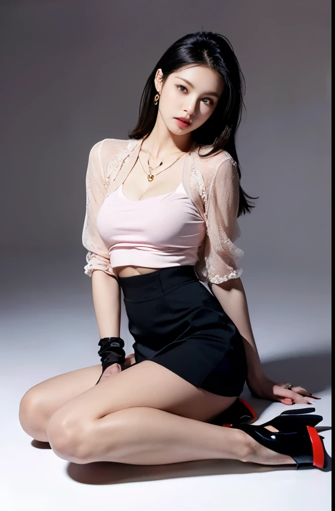 (masterpiece:1.3), (8 thousand, realistic, RAW photos, best quality: 1.4), (1 woman),(sheer silk blouse), (short skirt), (양 다리와 양발에 짙은색 realistic 팬티 스타킹 신고), (Stockings on both legs),(Wearing pink high heels on both feet with stockings), (Wearing high heels on both feet), (full body shot), (Beautiful makeover), (realistic이고 매우 아름다운 얼굴),  (long eyelashes), (double eyelid), (realistic이고 섬세한 아름다운 눈), (big bust) , (Strong body through exercise), (beautiful abs), (Beautiful heaps), (tall), (really beautiful body), (black hair. parted, long hair:1.3), (아름다운 parted스타일), (beautiful skin), (ultra high resolution),  (golden ratio), (realistic 길고 아름다운 두 다리), (realistic and beautiful arms), (necklace), (earring),(beautiful nails manicure), (So beautiful and sexy)