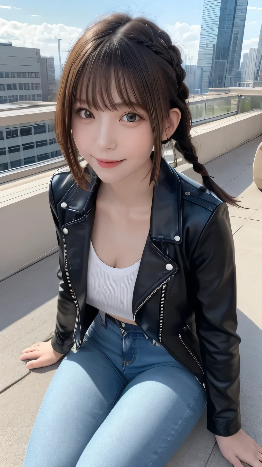 Best picture quality (8k, high resolution, Masterpiece: 1.2), super detailed,  215 Short Hair,Three braids long hair, 26-year-old woman, 

Extraordinary beautiful girl、Cute and beautiful face details、(Facing the children_v1:0.008)、


situation: Fashion model posing on the roof of a skyscraper。
clothing: Stylish black leather jacket and tight jeans。
angle: A shot from a low position、City night view in the background。

,Active Pause ,
Beside her、The thunder danced。
Focus on the waist above


, random cute pose ,big eyes ,Puffy eyes ,  Heart Pupil, blush  , huge shy smile , salute



