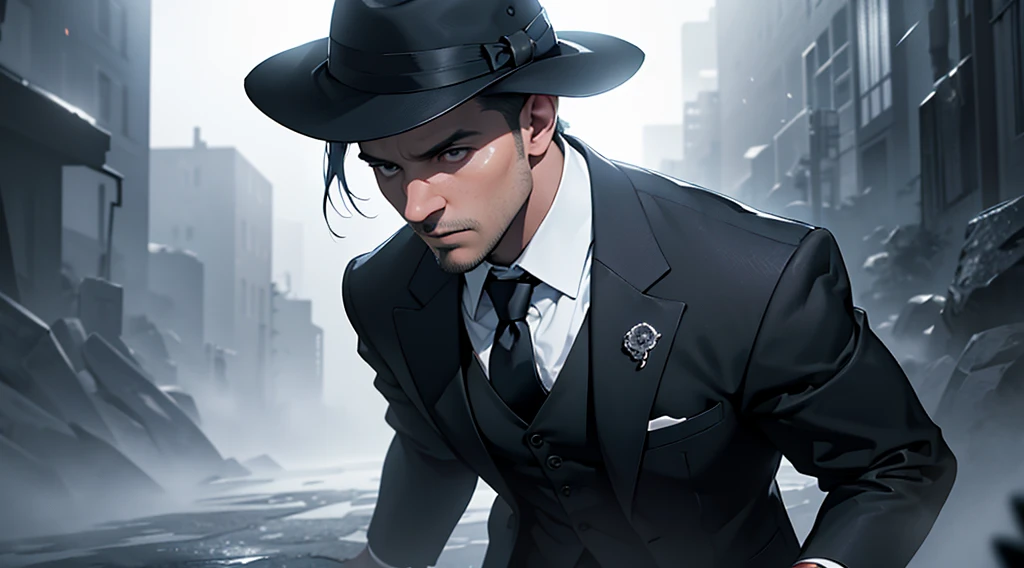 A well-dressed man in a suit and tie, wearing a hat, acting as a presenter, wandering through a surreal landscape, 1 man, highly detailed, photorealistic, 8k, dramatic lighting, cinematic composition, masterpiece, intricate details, volumetric fog, cinematic camera angles, high contrast, dramatic shadows, sharp focus, ultra-detailed