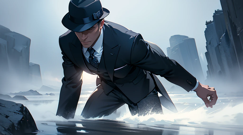 A well-dressed man in a suit and tie, wearing a hat, acting as a presenter, wandering through a surreal landscape, 1 man, highly detailed, photorealistic, 8k, dramatic lighting, cinematic composition, masterpiece, intricate details, volumetric fog, cinematic camera angles, high contrast, dramatic shadows, sharp focus, ultra-detailed