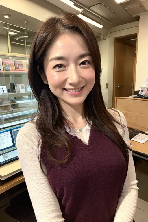 Highest quality、Masterpiece、Real Photo、Realistic、1 55-year-old Japan woman、Business woman using a computer、smile、Sweat、Very detailed、Natural light、long hair、Detailed face and skin、Realistic eyes