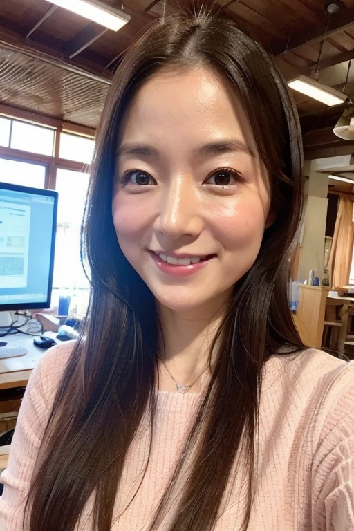 Highest quality、Masterpiece、Real Photo、Realistic、1 55-year-old Japan woman、Business woman using a computer、smile、Sweat、Very detailed、Natural light、long hair、Detailed face and skin、Realistic eyes