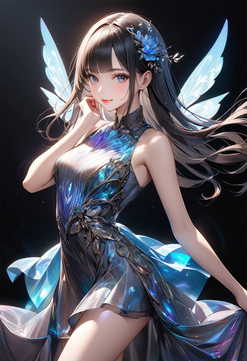 
                 Detailed and vivid depiction of beautiful girl posing as a model for photo (dynamic)棕色long hair女子 服装模特( perfect anatomy ) face detailed face. realistic eyes. The face and eyes are very detailed.


                       Delicate skin.、Delicate skin texture smile, long hair,  Fantasy fashion dress glow,, Elegant and flying silk holographic dress , 46-point slanted bangs, dark shadow background, black soft light, 

                           Professional photography master&#39;artwork, texture, complicated, Clear, High-quality masterpieces，Extremely complicated and exquisitely detailed,

                                  Super detailed, Super detailed digital art