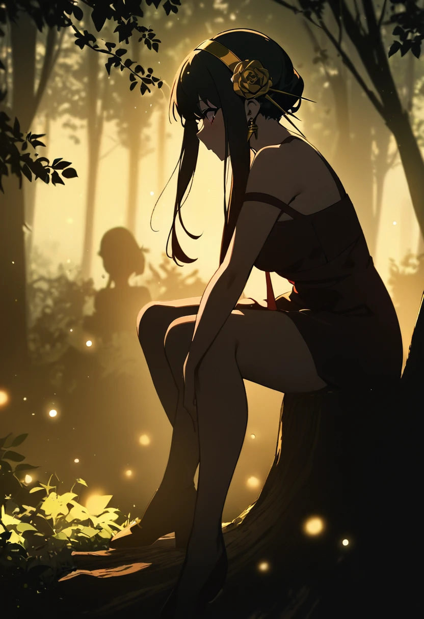 1girl, yor briar, spy x family,rim lighting, silhouette, forest background, clearing, sunbeams, masterpiece, best quality, absurdres, sitting on tree stump, fireflies