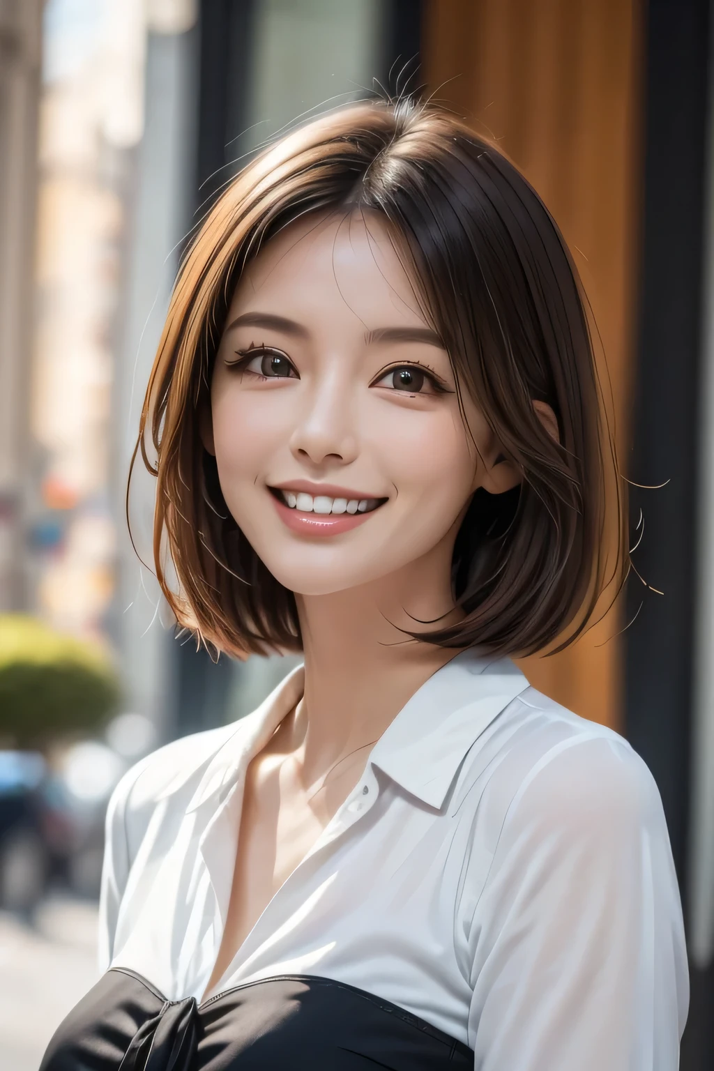 ((masterpiece)), ((Highest quality)), ((Complex)), ((Surreal)), (Realistic), (Mature Woman), ((There are no classes)), Very detailed, (1 female), Beautiful and exquisite, (Beautiful Teeth), Grin, Brunette bob hair, Brown eyes, ((blouse)), (Upper Body), (background:none), Perfect Eyes, Captivating eyes, Looking at the audience
