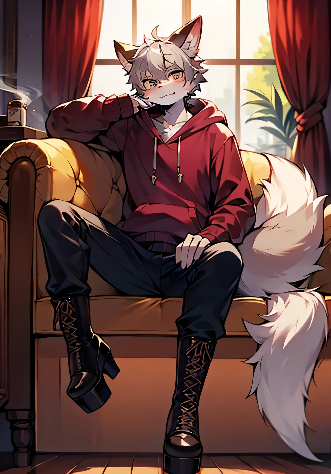 Gray Hair,alone,Sitting,Handsome face,whole body,Beastman,Fox,Dragon,Shota,Dragon Feather,hoodie,pants,Lace-up long boots,Platform heels,Cigarette in left hand