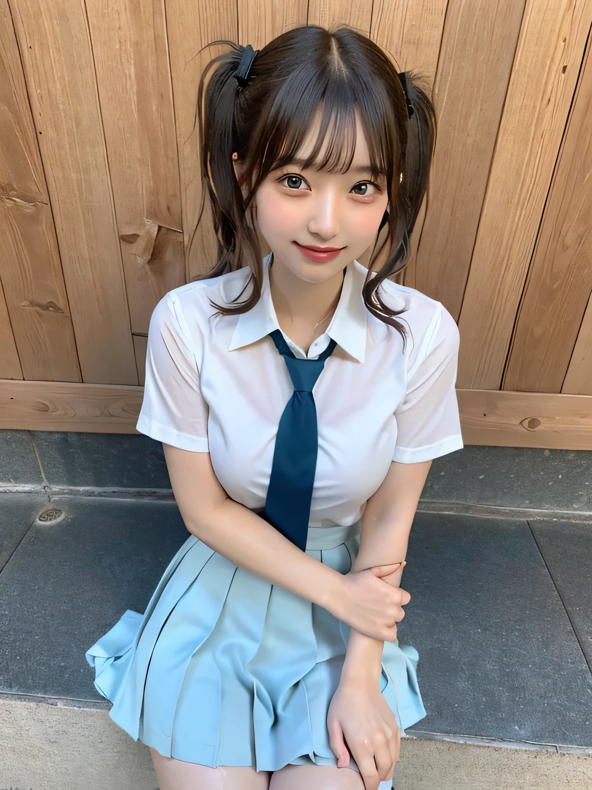 Japanese Girls、-yeld giShort Twin Tails、bangs、Brown eyes、Perfect figure、Transparency、Gloss、Glamorous breasts、、Blue tie、White shirt、Green Skirt、Hirotake、Burning body、Gravure idol pose、Light blue wall、Beautiful feet、Strong sunlight、dirty、雨にWet体、Wet,Sitting in a chair、I can see your thighs、smile