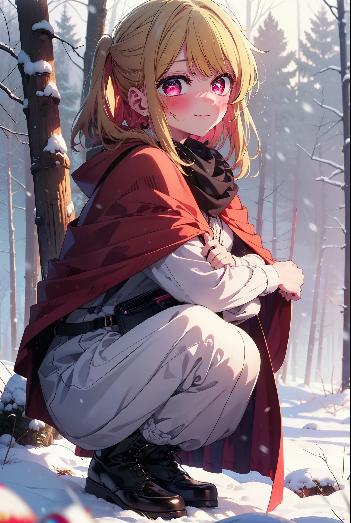 rubyhoshino, Hoshino Ruby, Long Hair, bangs, blonde, (Pink Eyes:1.3), Side Lock, (Symbol-shaped pupil:1.5), Multicolored Hair, Two-tone hair, smile,,smile,blush,white breath,
Open your mouth,snow,Ground bonfire, Outdoor, boots, snowing, From the side, wood, suitcase, Cape, Blurred, , forest, White handbag, nature,  Squat, Mouth closed, Cape, winter, Written boundary depth, Black shoes, red Cape break looking at viewer, Upper Body, whole body, break Outdoor, forest, nature, break (masterpiece:1.2), Highest quality, High resolution, unity 8k wallpaper, (shape:0.8), (Beautiful and beautiful eyes:1.6), Highly detailed face, Perfect lighting, Highly detailed CG, (Perfect hands, Perfect Anatomy),