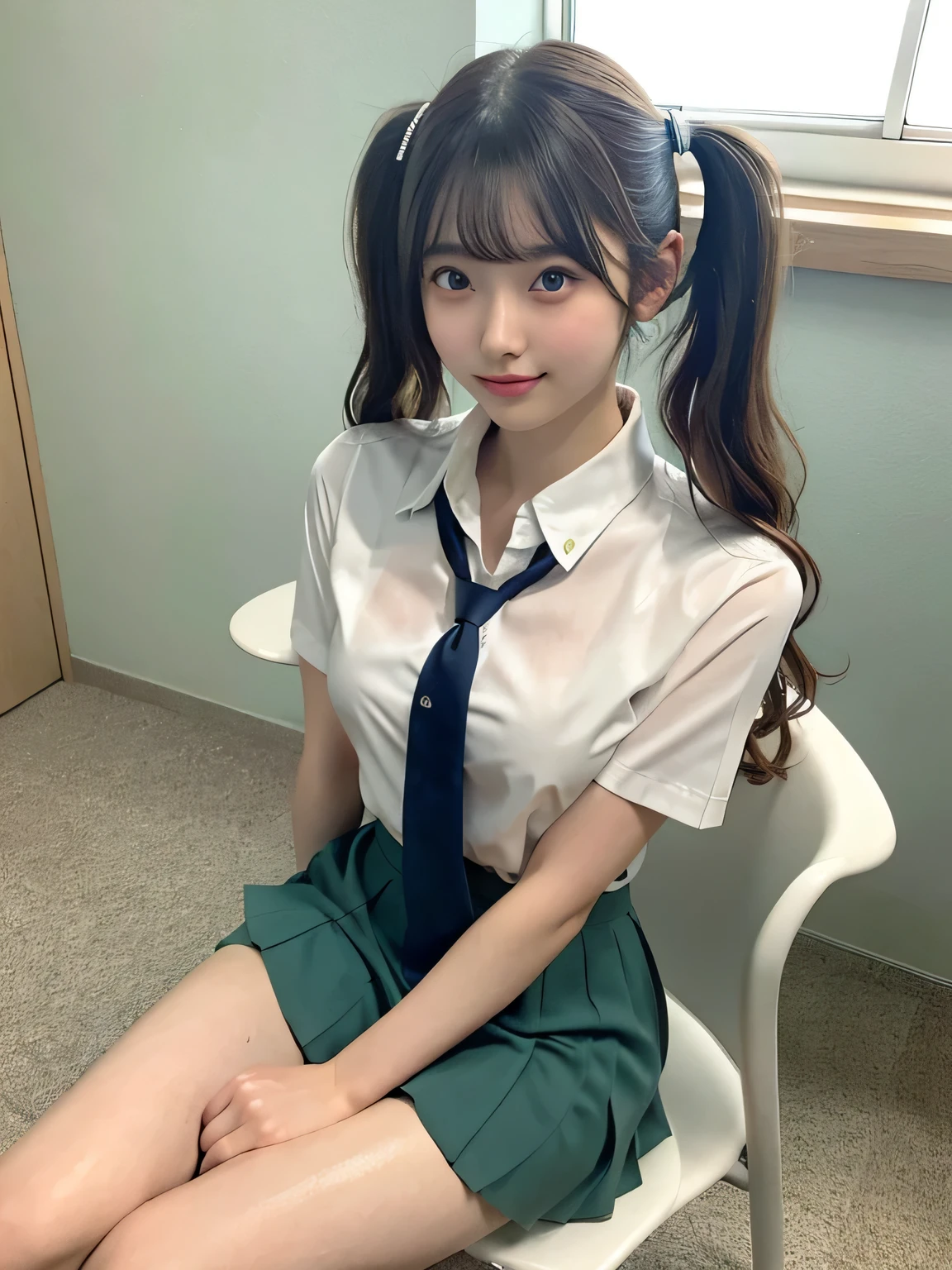 Japanese Girls、15-year-old girl、Short Twin Tails、bangs、Brown eyes、Perfect figure、Transparency、Gloss、Glamorous breasts、、Blue tie、White shirt、Green Skirt、Hirotake、Burning body、Gravure idol pose、Light blue wall、Beautiful feet、Strong sunlight、dirty、雨にWet体、Wet,Sitting in a chair、I can see your thighs、smile