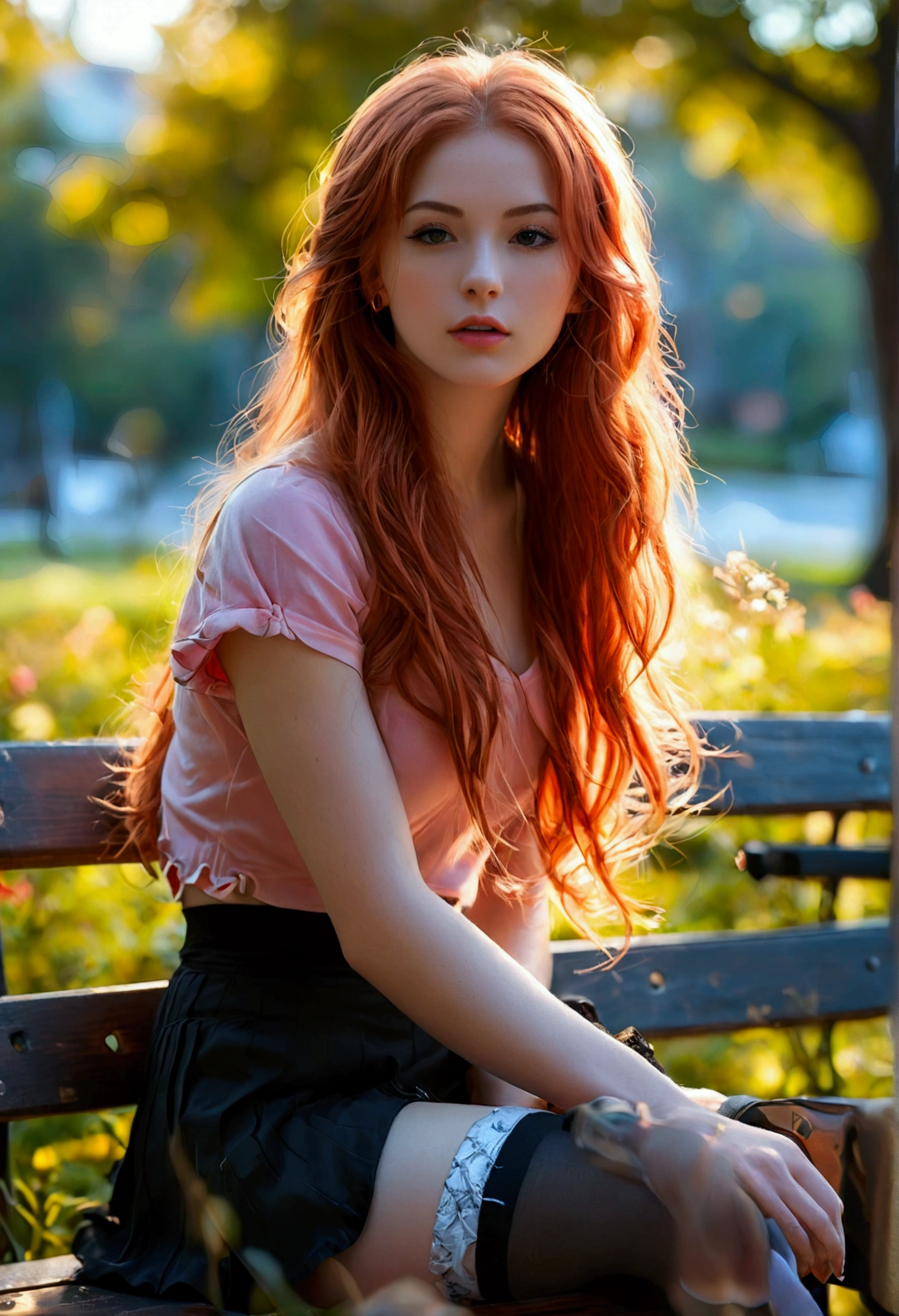 ultra realistic, photography, long straight red hair, girl, 24 years old, hourglass figure, perfect body, small breasts, Flirty look, extremely detailed artgerm, in the style artgerm, she is facing the camera, lens 35 mm, blur background, she is sitting on a parkbench at sundawn, her legs are crossed, she is wearing a pink top, a black short skirt, thigh socks and sneakers,